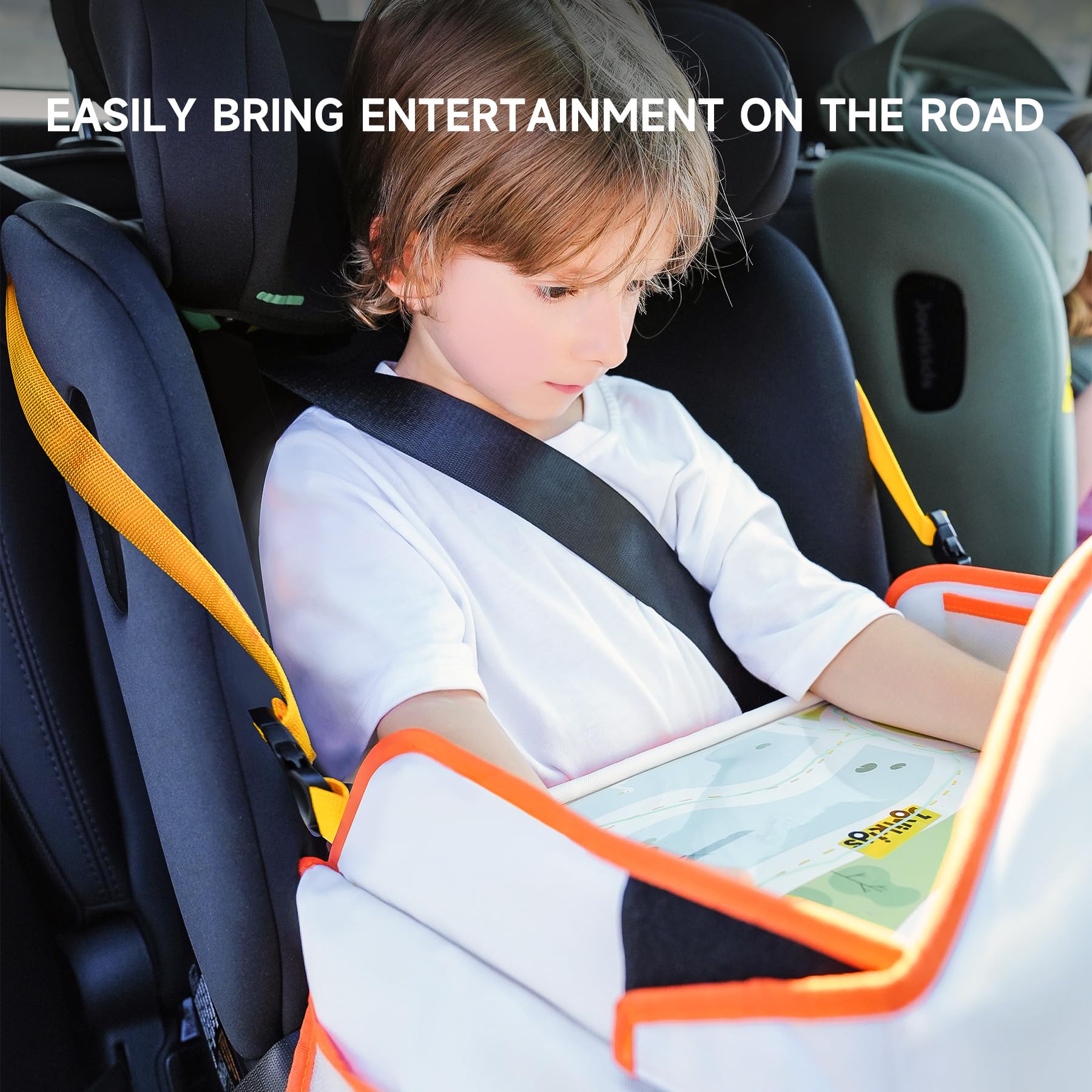 Jovikids Vassoio da Viaggio per Bambini, Tavola da Disegno Cancellabile, Tasca PAD touch screen Tavolino Auto per Bambini, 7 Tasche, Pieghevole e Portatile (beige)