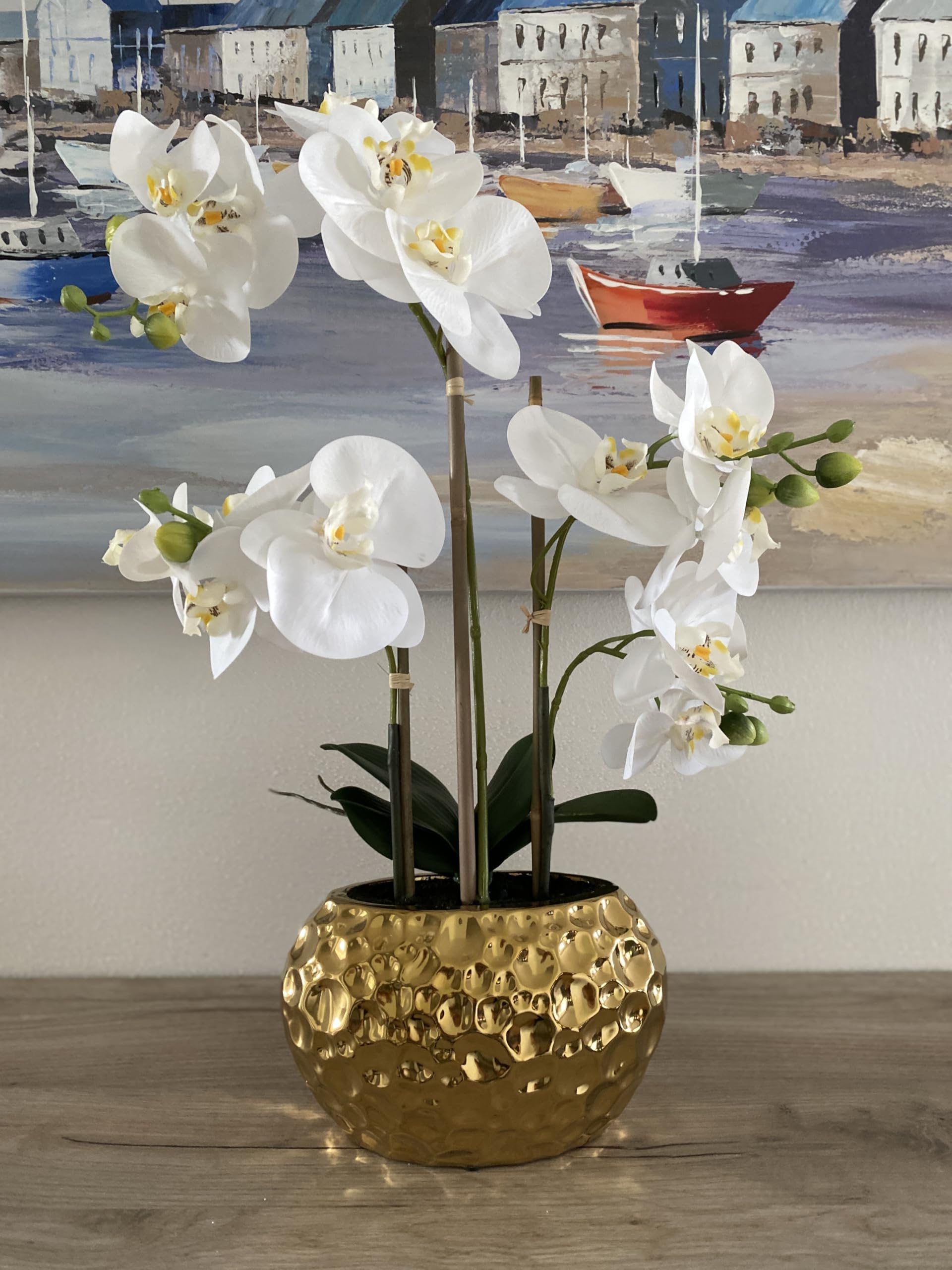 DAHLIASTUDIOS Kunstpflanze Orchidee Phalaenopsis mit Gold-farbigem Keramiktopf - ca. 53 cm hoch (weiß)