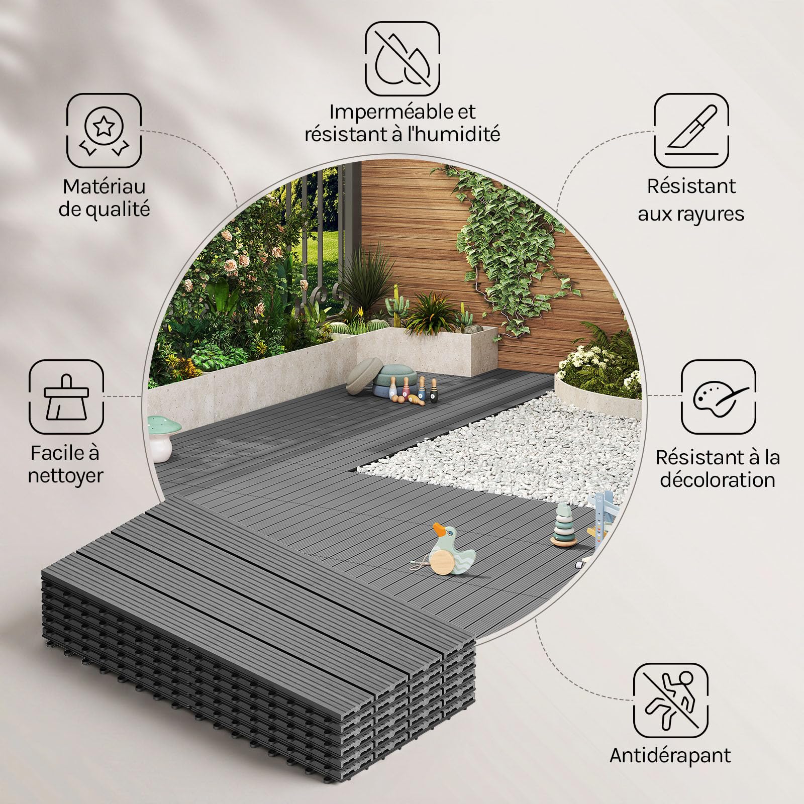 WOLTU WPC Dalle de sol Revêtement Carrelage 30x60cm pour jardin terrasse système plug-in pour fixation, Gris Clair 12 pièce / 2 m²
