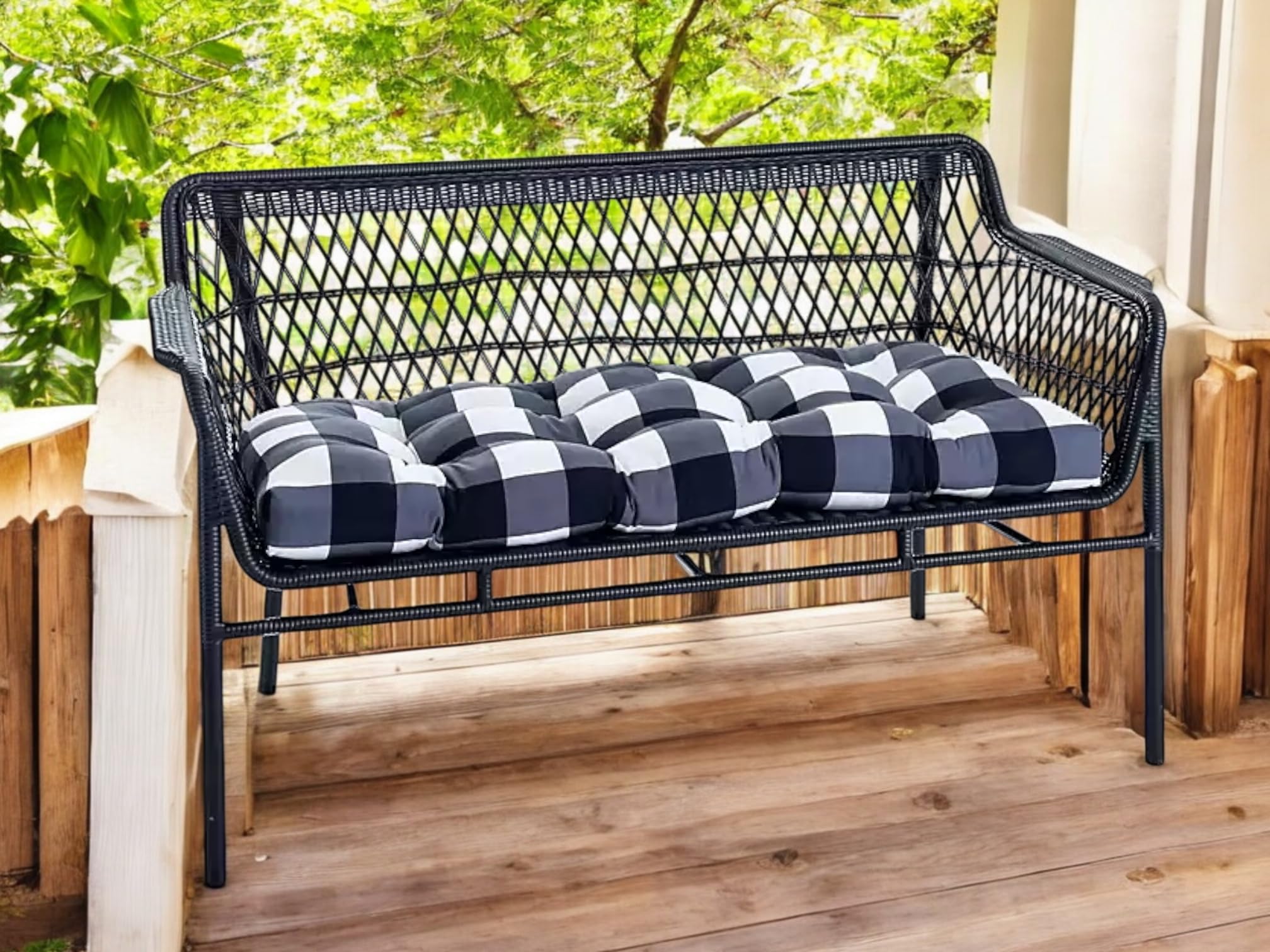 Buffalo Check Indoor Bench Cushion, Black and White Plaid, Tufted Seat Pad with Ties 48X18 Inch-image-30