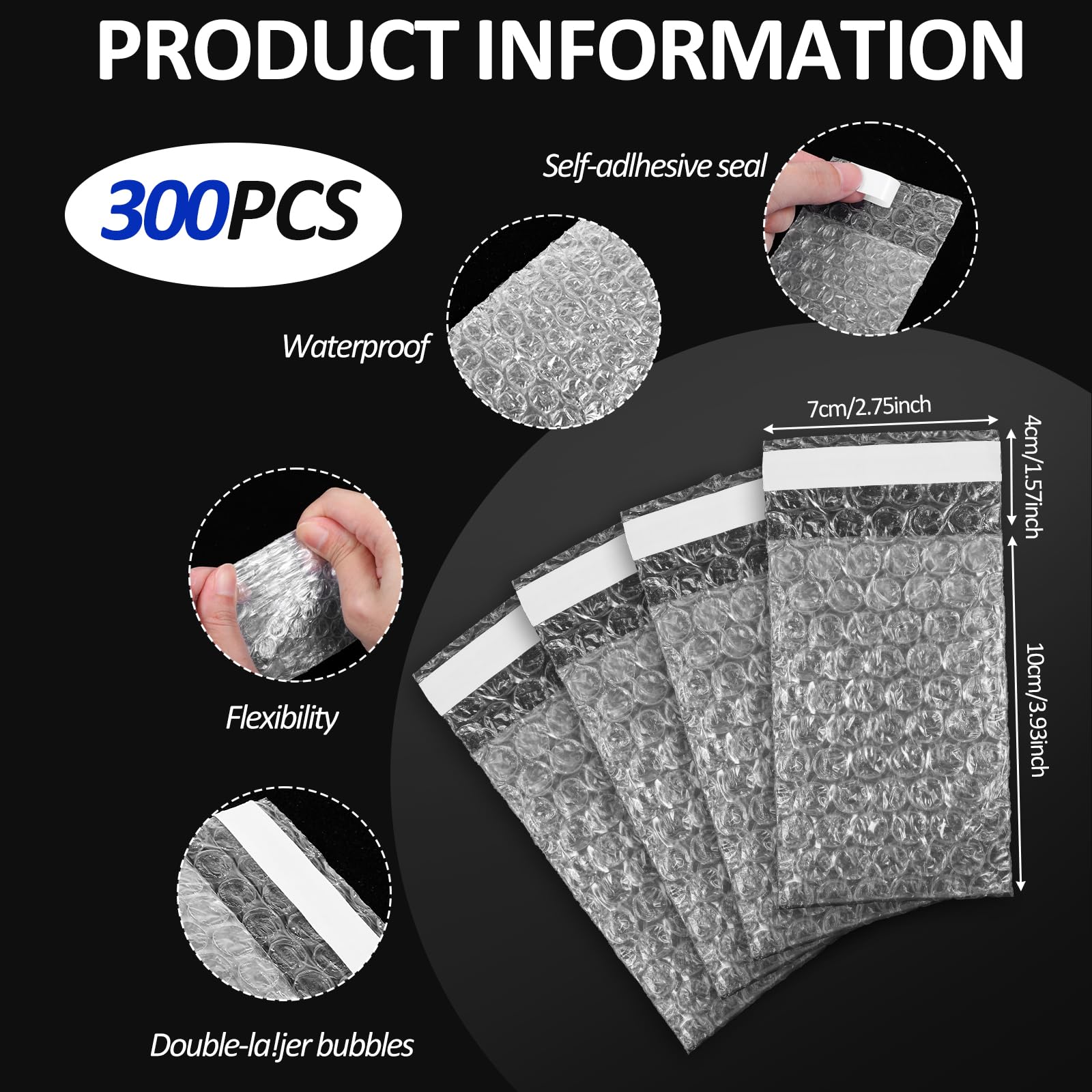 Lot de 300 petits sacs à bulles de 6 x 10 cm, sacs transparents auto-scellants, sacs de protection à double paroi, sacs en mousse résistants aux chocs pour l'expédition