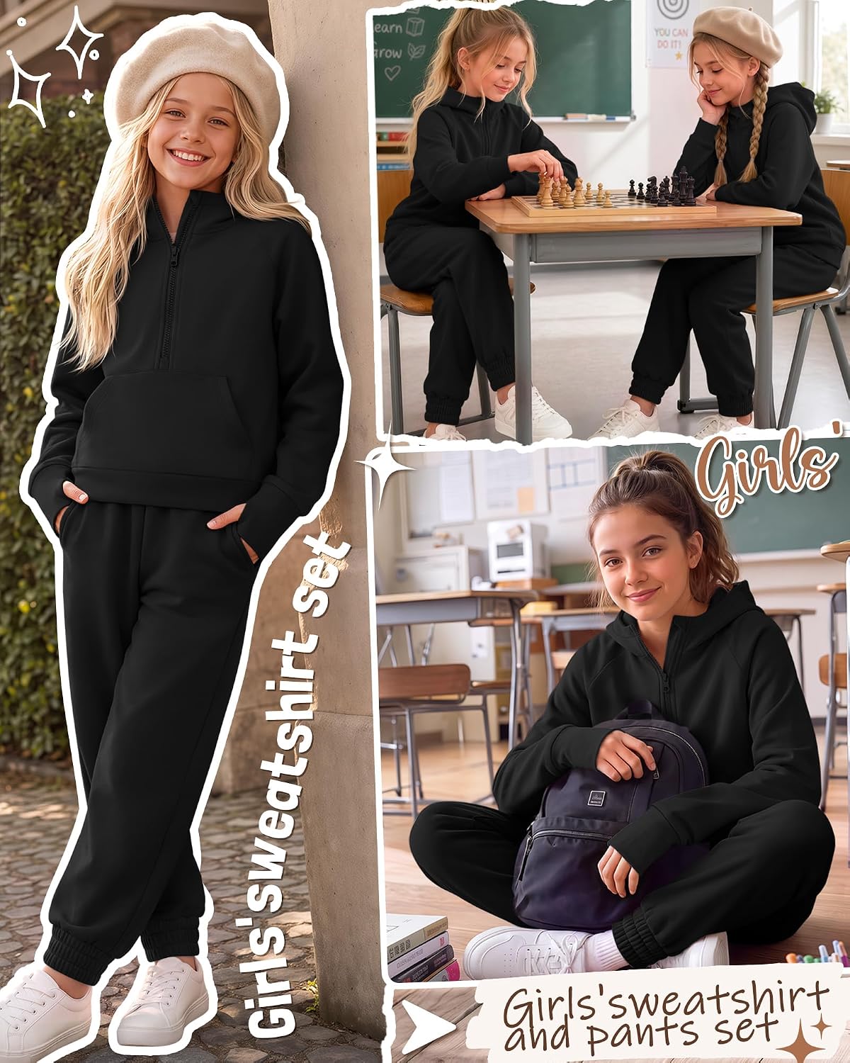 Girls Sweatsuit Half Zip Hoodie Sets