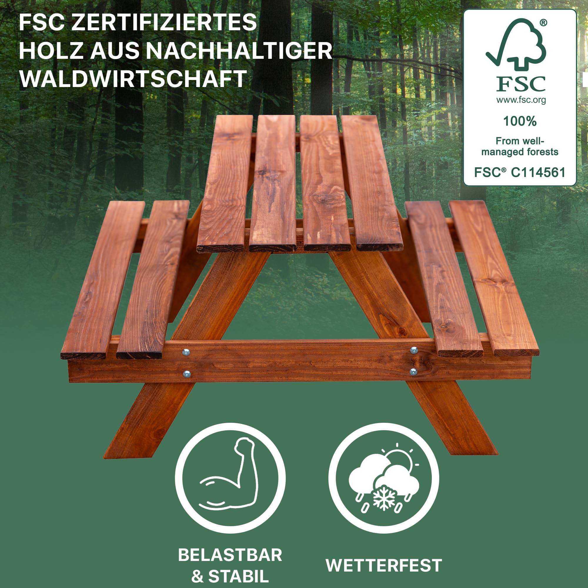 ITA Kinder Sitzgarnitur aus Holz, Picknicktisch mit 2 Bänken für Kinder ab 3 Jahren, Indoor & Outdoor, FSC-Zertifiziert, Made in EU, Braun
