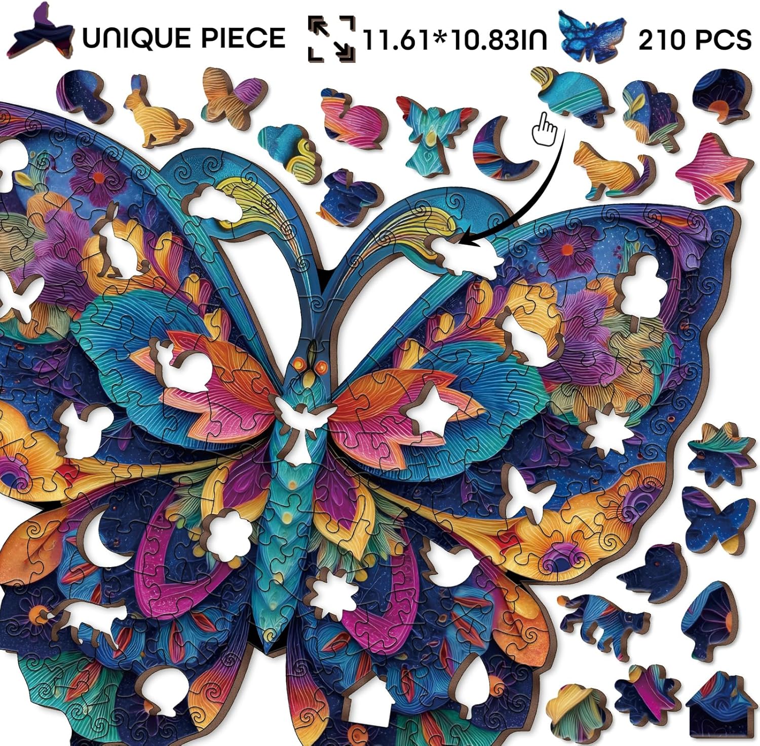 Fantasy Butterfly Wooden Puzzle for Adults 210 Pieces, Colorful Animal Wood Puzzle for Adults, Unique Shape Puzzle 210 Pieces