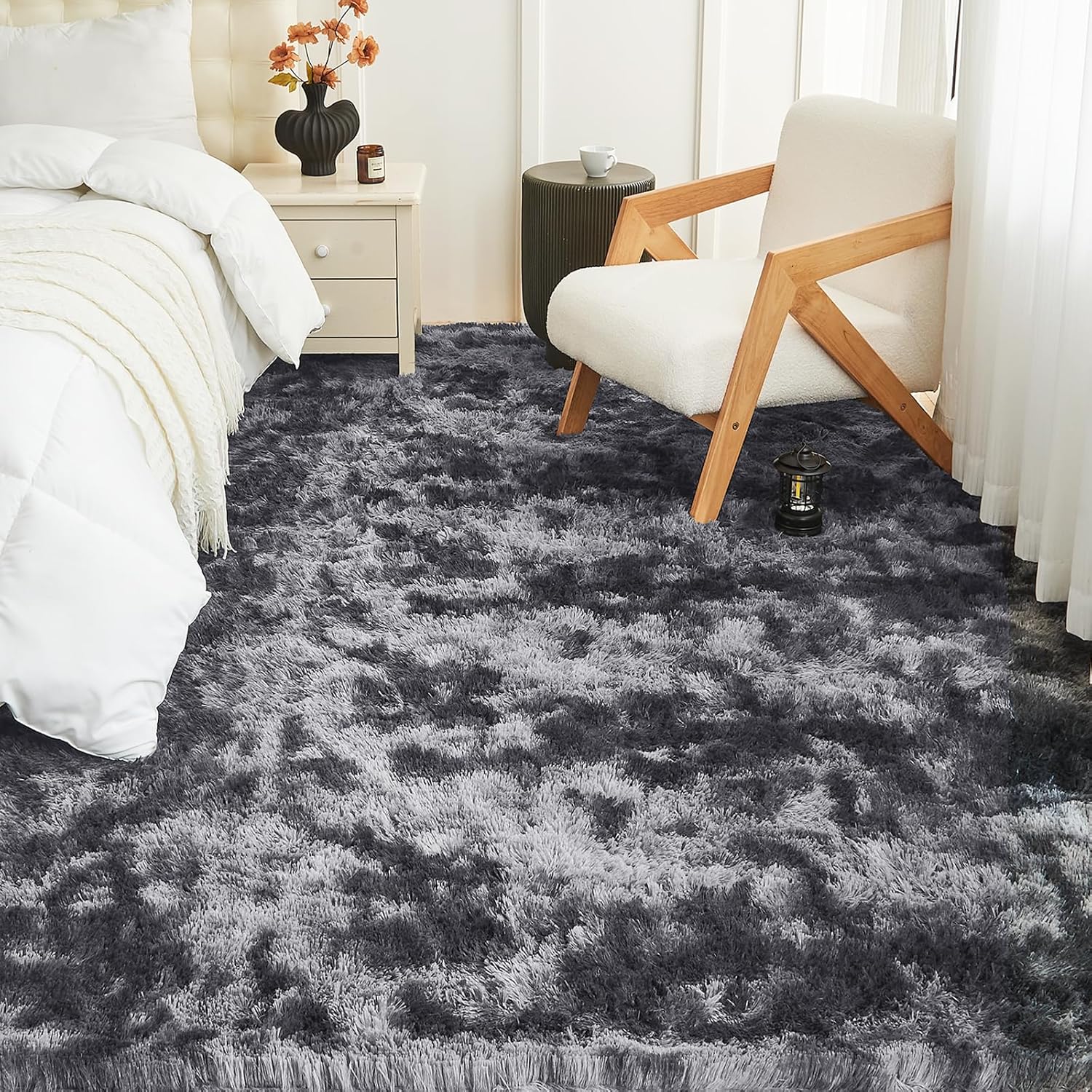 5x7 Rugs for Living Room, Fluffy Area Rugs 5x7 for Bedroom, Non-Slip Plush Carpet for Playroom, Soft Shaggy Rug for Nursery, Fuzzy Rug for Dorm Room, Tie-dye Dark Grey 5'x7' Grey