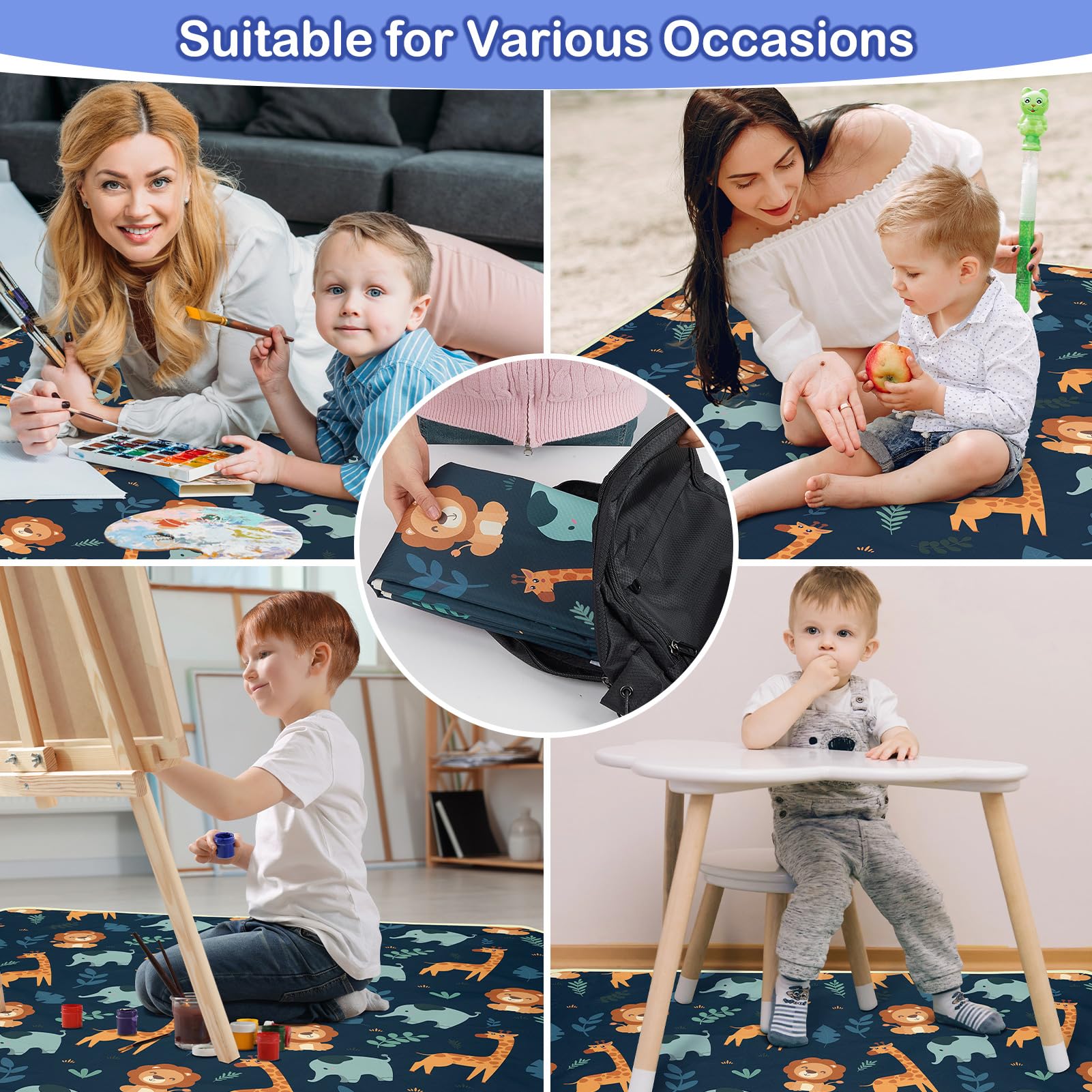 Tappetino Seggiolone Bambini 107x117cm, Unicorn Castle Tappeto Impermeabile Lavabile Antiscivolo, Splash Mat Pieghevole Portatile per Svezzamento e Protezione del Pavimento,Dark Blue Giraffe - 2