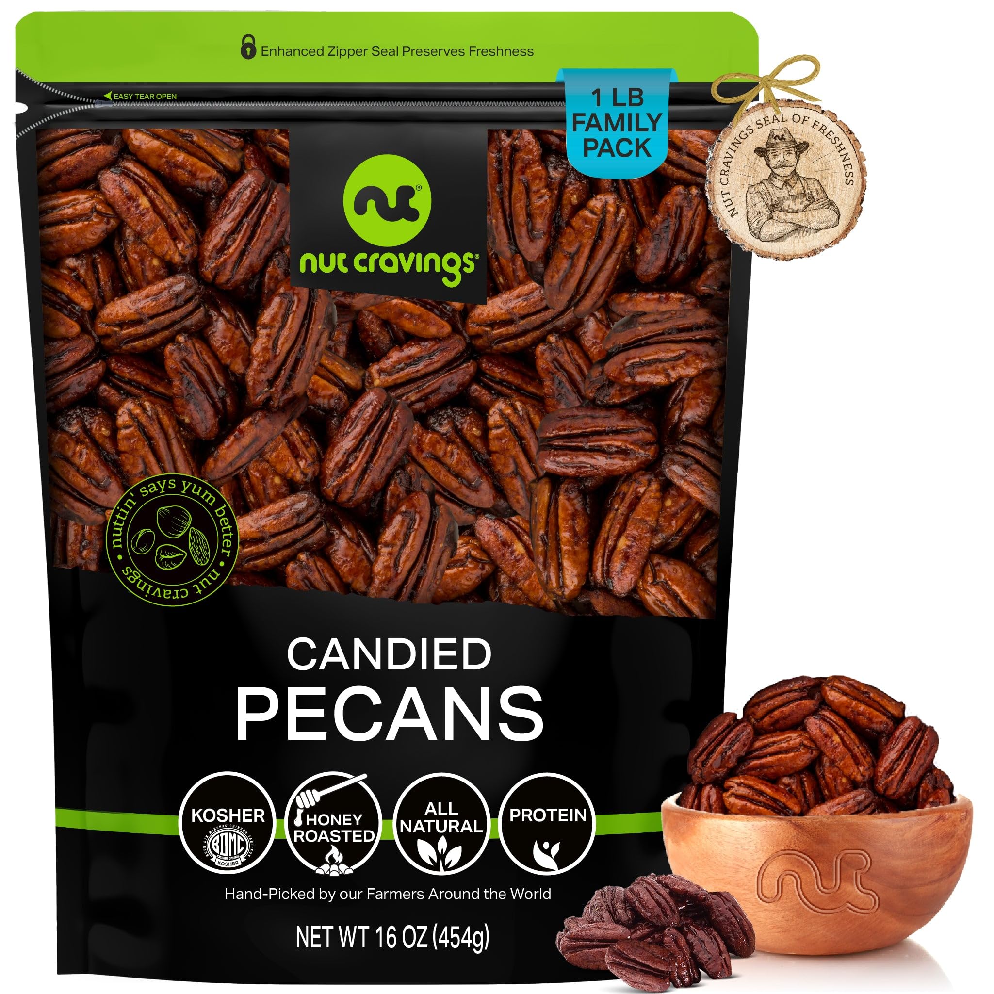 NUT CRAVINGS - Candied Pecans Honey Glazed Praline, No Shell (16oz - 1 LB) Bulk Nuts Packed Fresh in Resealable Bag - Healthy Protein Food Snack, Food Assortments