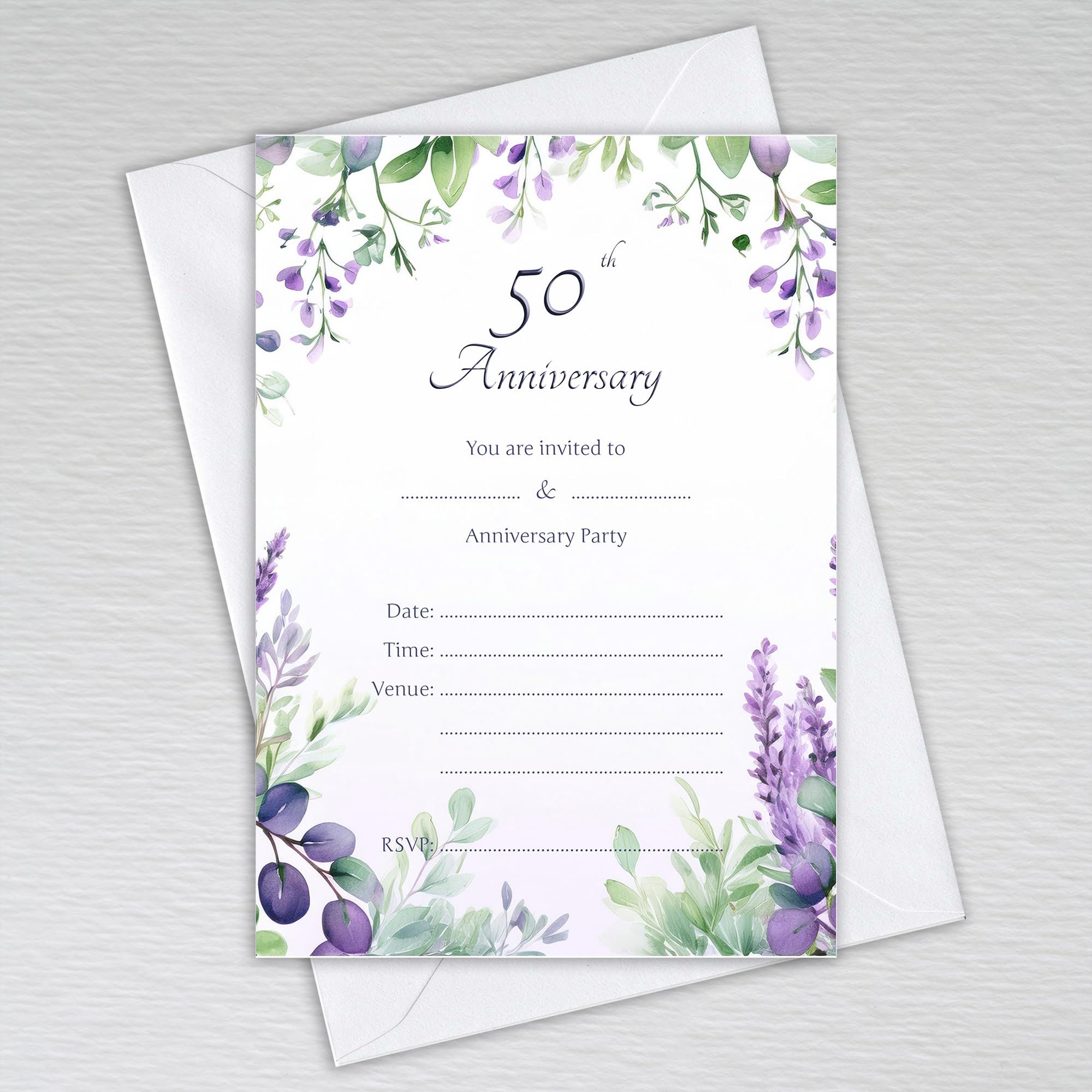 Webspectations Pack of 50th Wedding Anniversary Party Invitations with Envelopes: Lavender and Eucalyptus 50th Anniversary Invites (Pack of 50 with Envelopes)