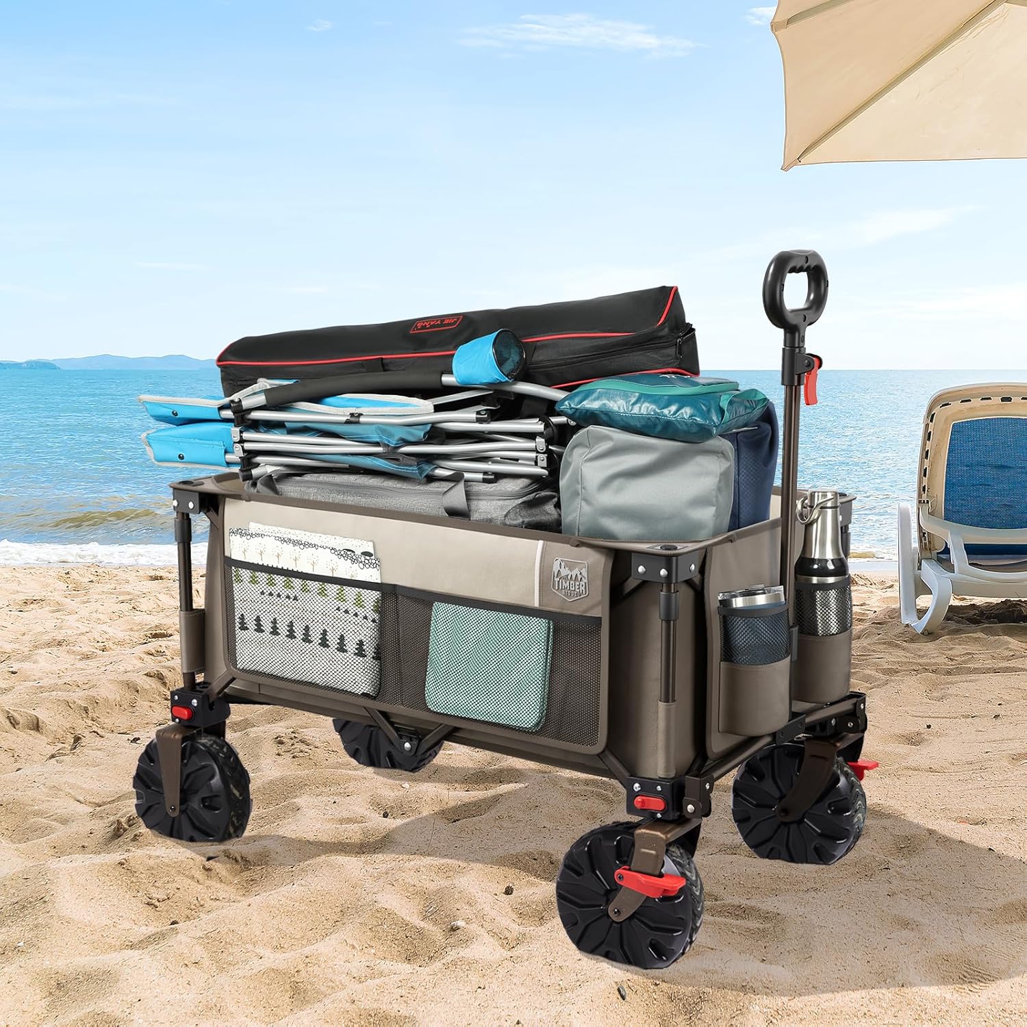 Timber Ridge Collapsible Wagon Utility Folding Cart Heavy Duty All Terrain Wheels for Outdoor Shopping Camping Garden Sports with Side Bag and Cup Holders, Tan