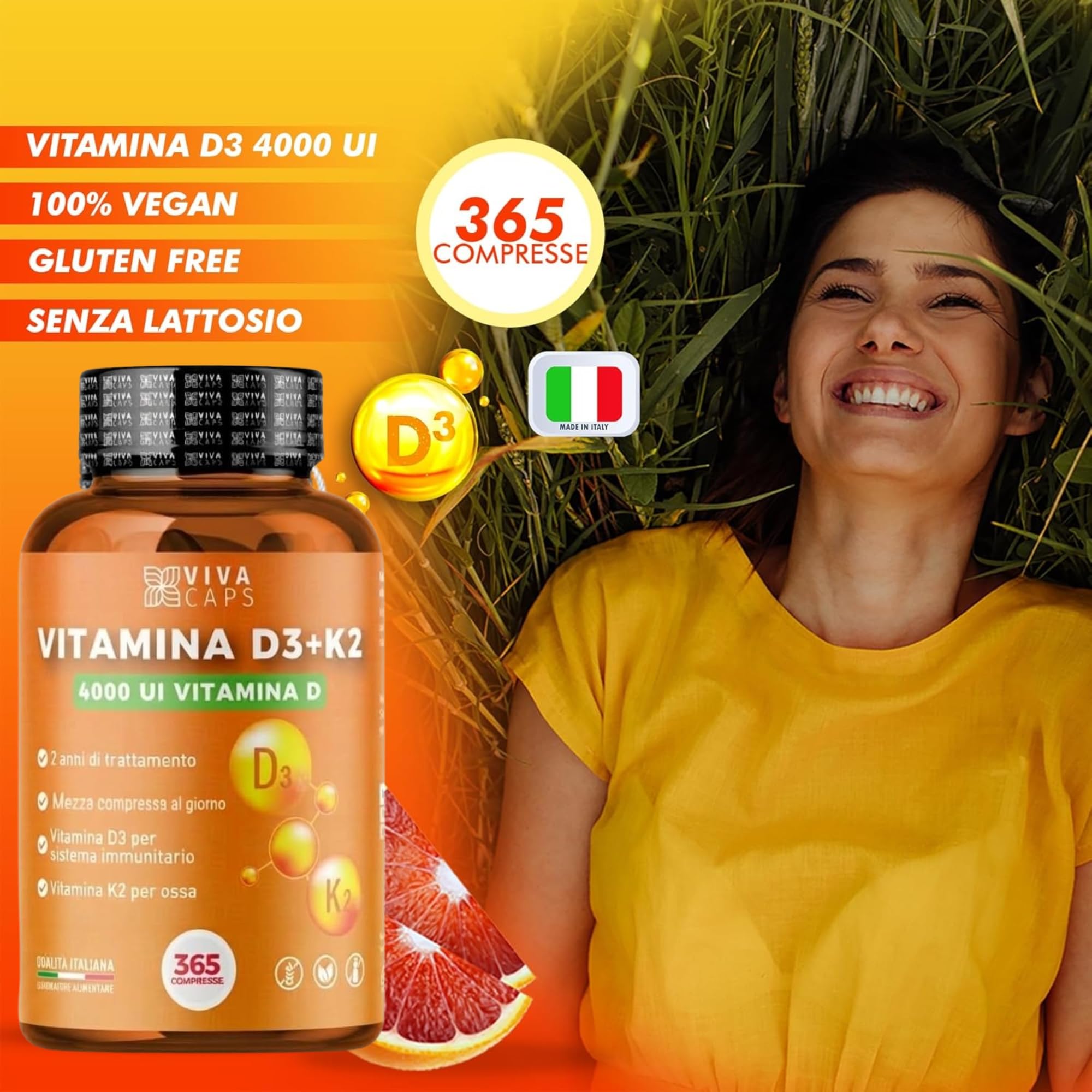 Vitamina d3 k2 mk7 vegana alto dosaggio 365 Micro compresse, Vitamina d3 4000 ui e 200 mcg di Menachinone per sistema immunitario, ossa e denti - Made in italy
