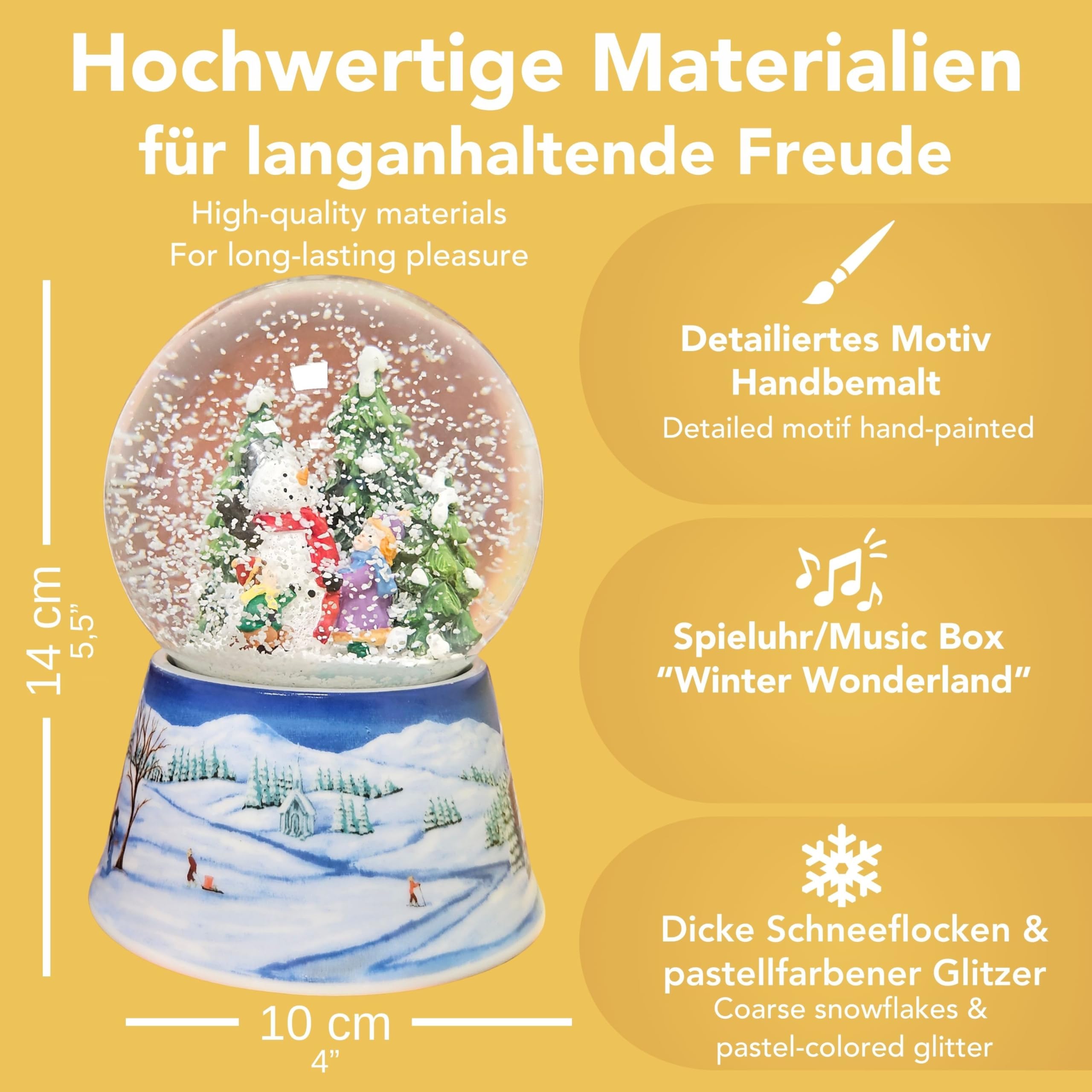 Schneekugel Weihnachten mit Musik | 2 Kinder Bauen Schneemann | Sockel nostalgische Schneelandschaft | H: 14cm B: 10 cm | Weihnachten Winter mit Spieluhr | 20154