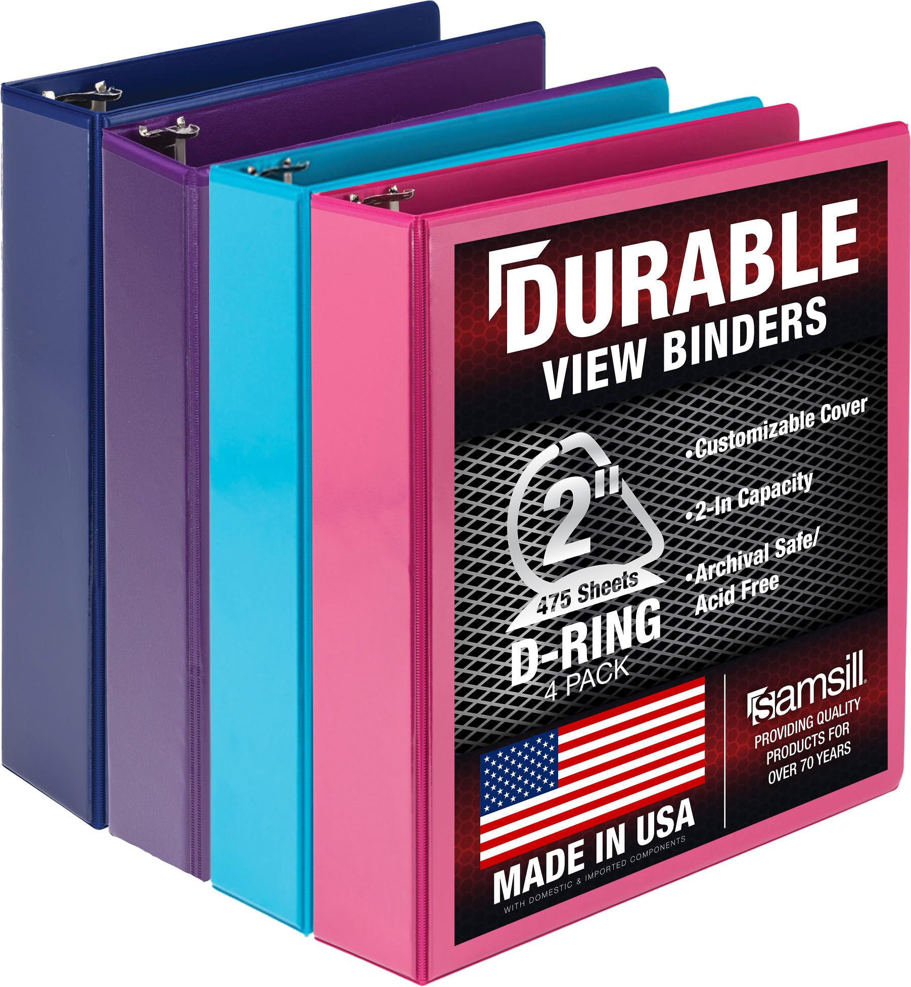 Samsill Durable 2 Inch Binder, Made in The USA, D Ring Binder, Customizable Clear View Binder, Fashion Assortment, 4 Pack, Each Holds 475 Pages
