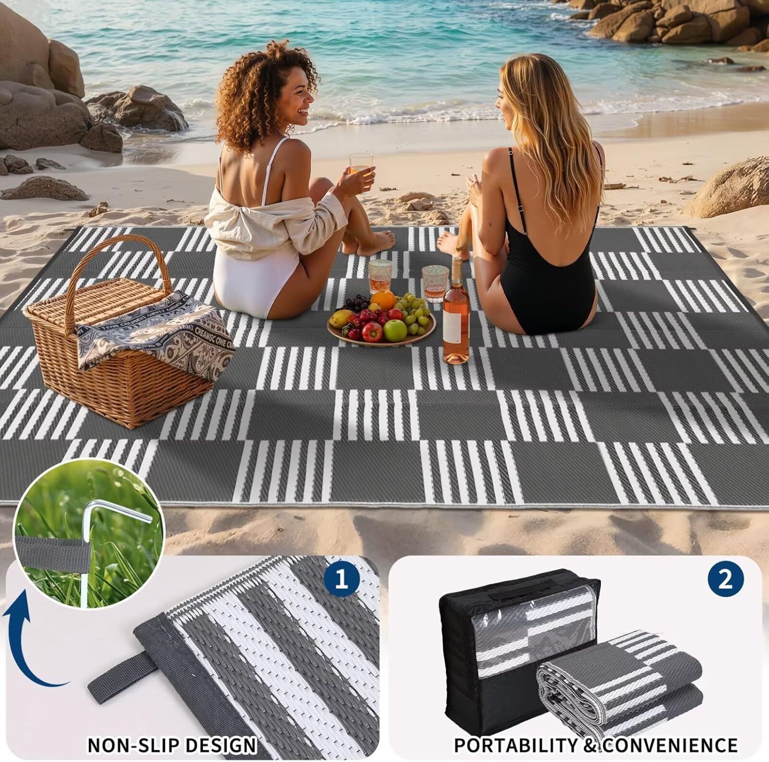 Garvee Waterproof Outdoor Rug 8x10, Checkered Foldable Plastic Straw Patio Camping Rug, Outdoor RV Carpet for Deck Camper Porch Balcony Backyard Picnic Beach Gray and White