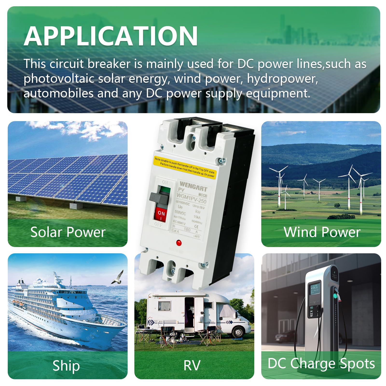 Wengart Disyuntor de Caja Moldeada MCCB 180A DC 500V 2P Interruptor Automático Magnetotérmico para Sistemas Solares