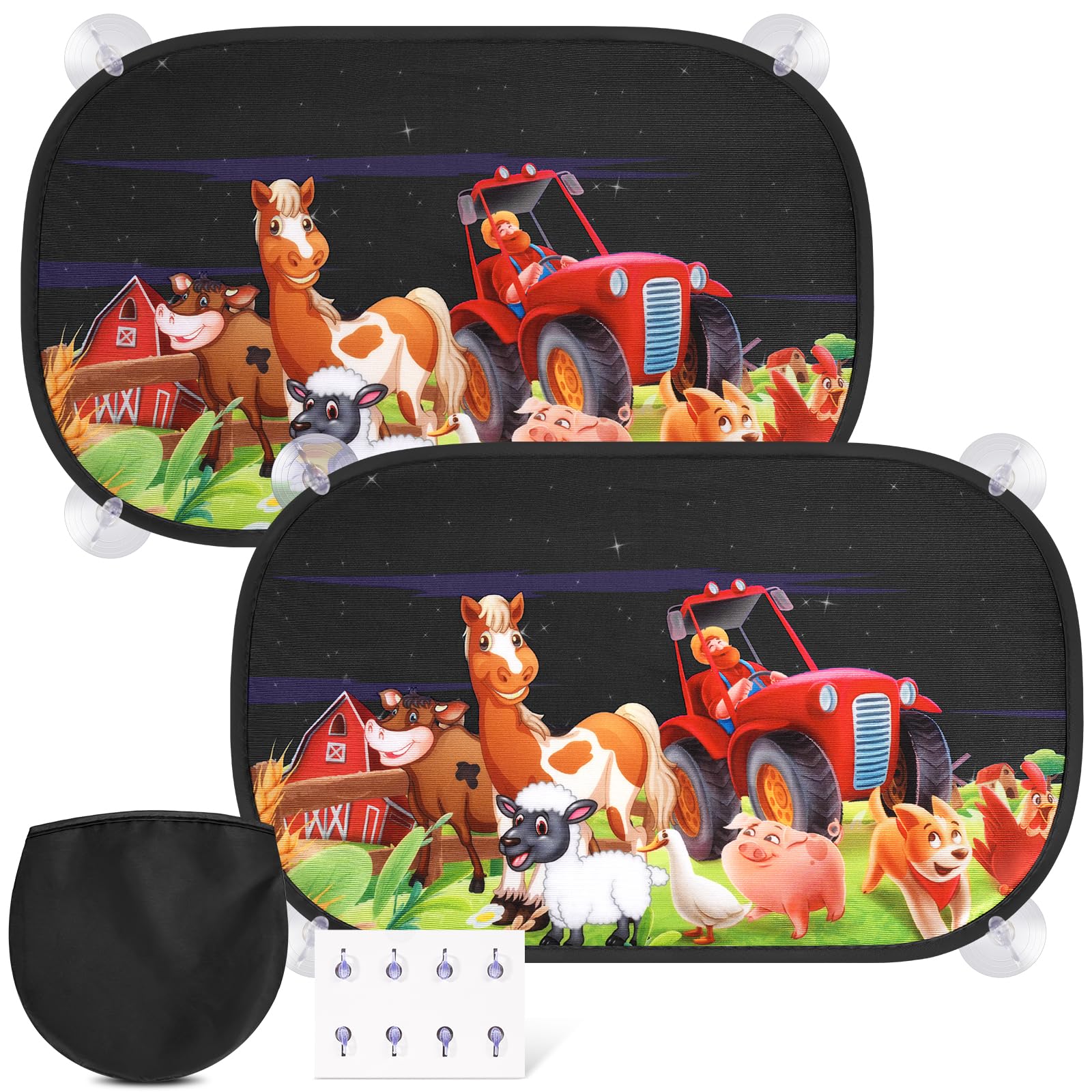 2 Stück Sonnenschutz Auto Baby mit UV Schutz,51x31cm Autofenster Sonnenschutz Kinder,8 Saugnäpfe und Thema Bauernhof