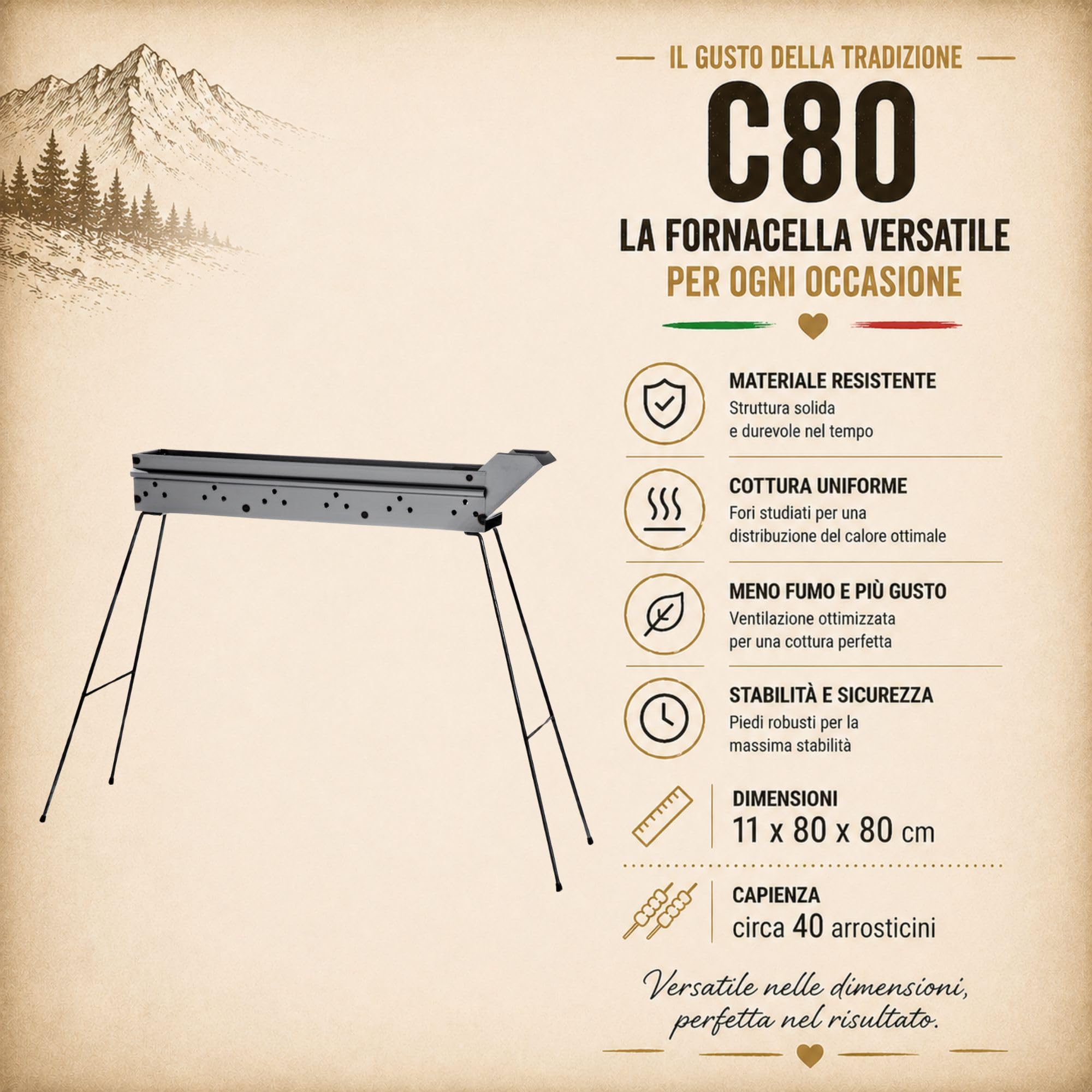 Fornacella Arrosticini Abruzzesi C80 - Canalina Barbecue a Carbone per Spiedini - Cuoci Arrosticini in Ferro Made in Italy con Paletta e Attizzabrace