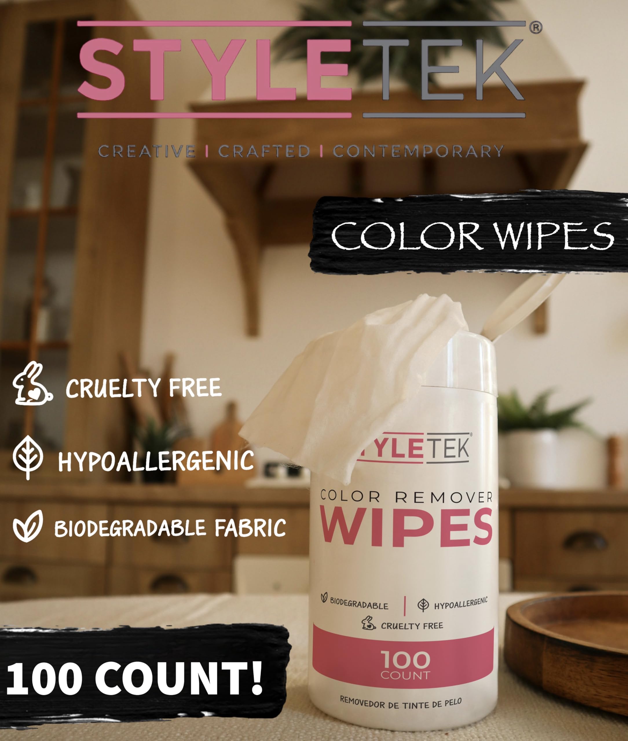 STYLETEK COLOR REMOVER WIPES, 100 PER CANNISTER, HAIR DYE REMOVER, SENSITIVE AND NON-IRRITATING, BIODEGRADABLE FABRIC