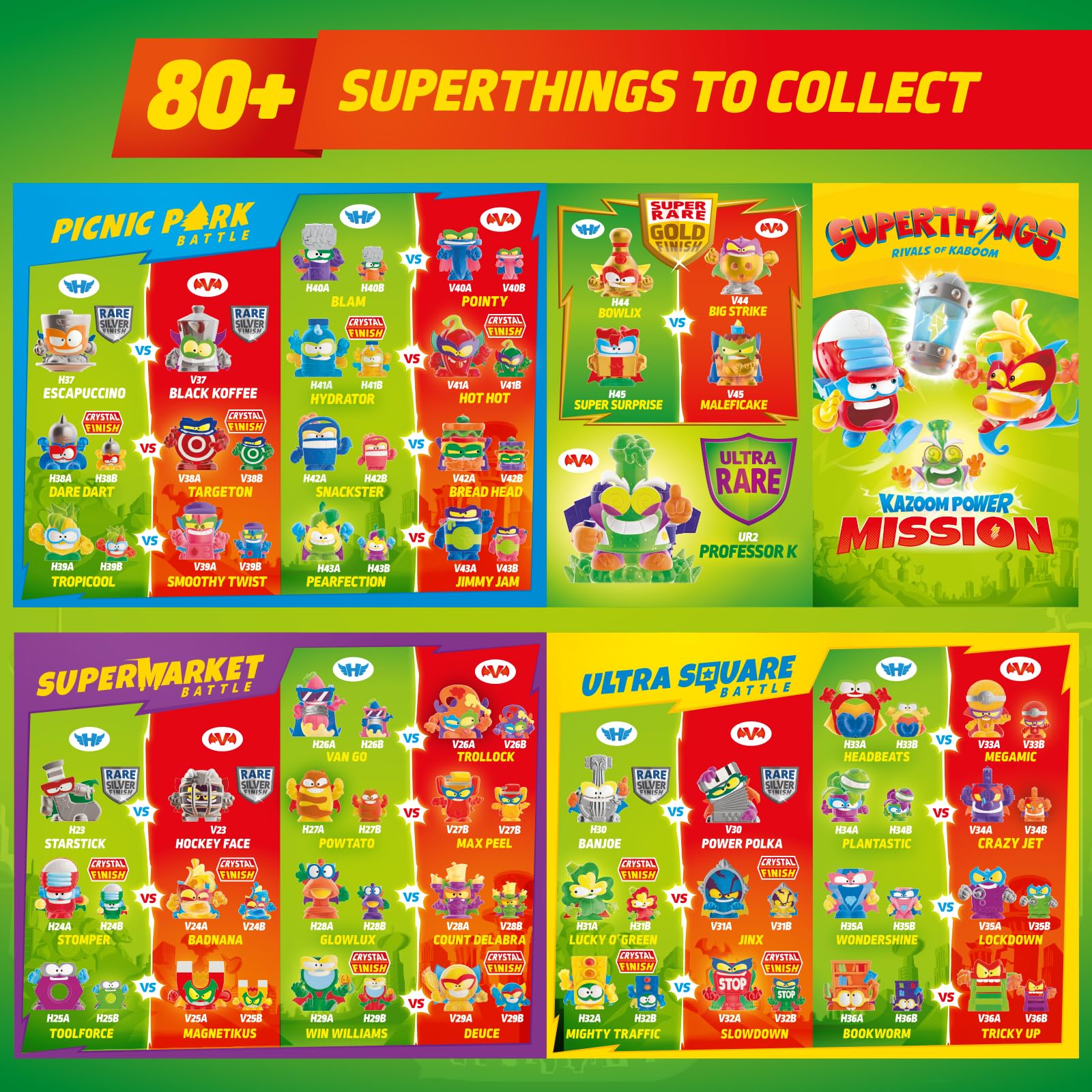 SUPERTHINGS KAZOOM Power Mission – Action Pack. Zestaw zawiera 5 figurek SuperThings (w tym 1 złoty SuperLider), 1 egzoszkielet, 1 slider – Zestaw 3 z 4
