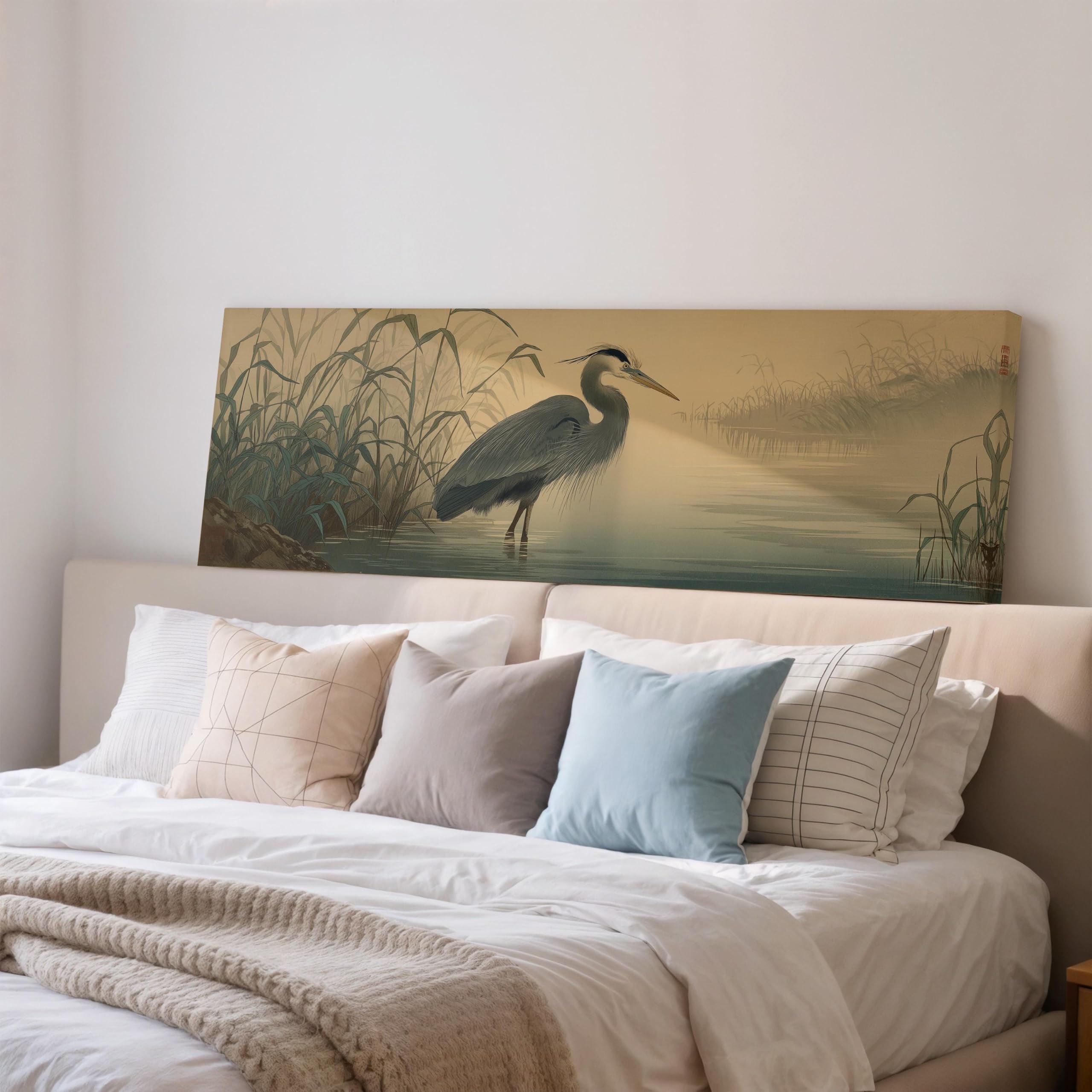 XBTYKPB Great Blue Heron Print, Long Narrow Wall Art, Wide Panoramic Canvas, Large Japandi Print, size Art, Zen Living Room Decor(65x195cm/Frameless)