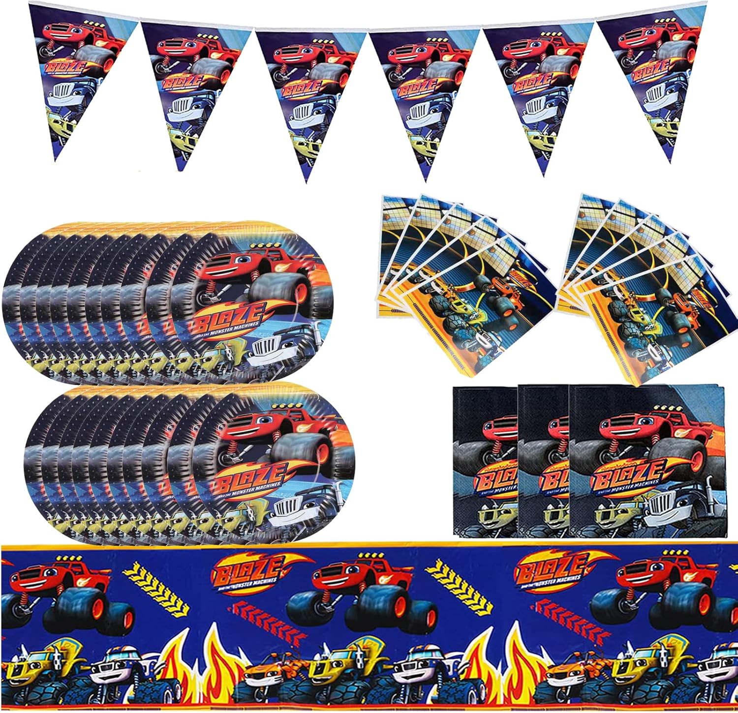 Blaze Monster Party Birthday Supplies, Monster Machine Theme Party Tableware with Pennant, Tablecloth, 20 Gift Bags, 20 Disposable 7" Paper Plates with Napkins for Fans Birthday Party Decorations