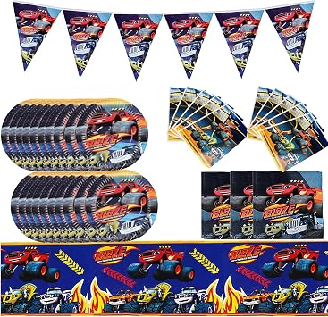 مستلزمات أعياد الميلاد من Blaze Monster Party، أدوات مائدة للحفلات ذات طابع Monster Machine مع راية، مفرش طاولة، 20 حقيبة هدايا، 20 طبقًا ورقيًا يمكن التخلص منه مقاس 7 بوصات مع مناديل لتزيين حفلات أعياد الميلاد للمعجبين