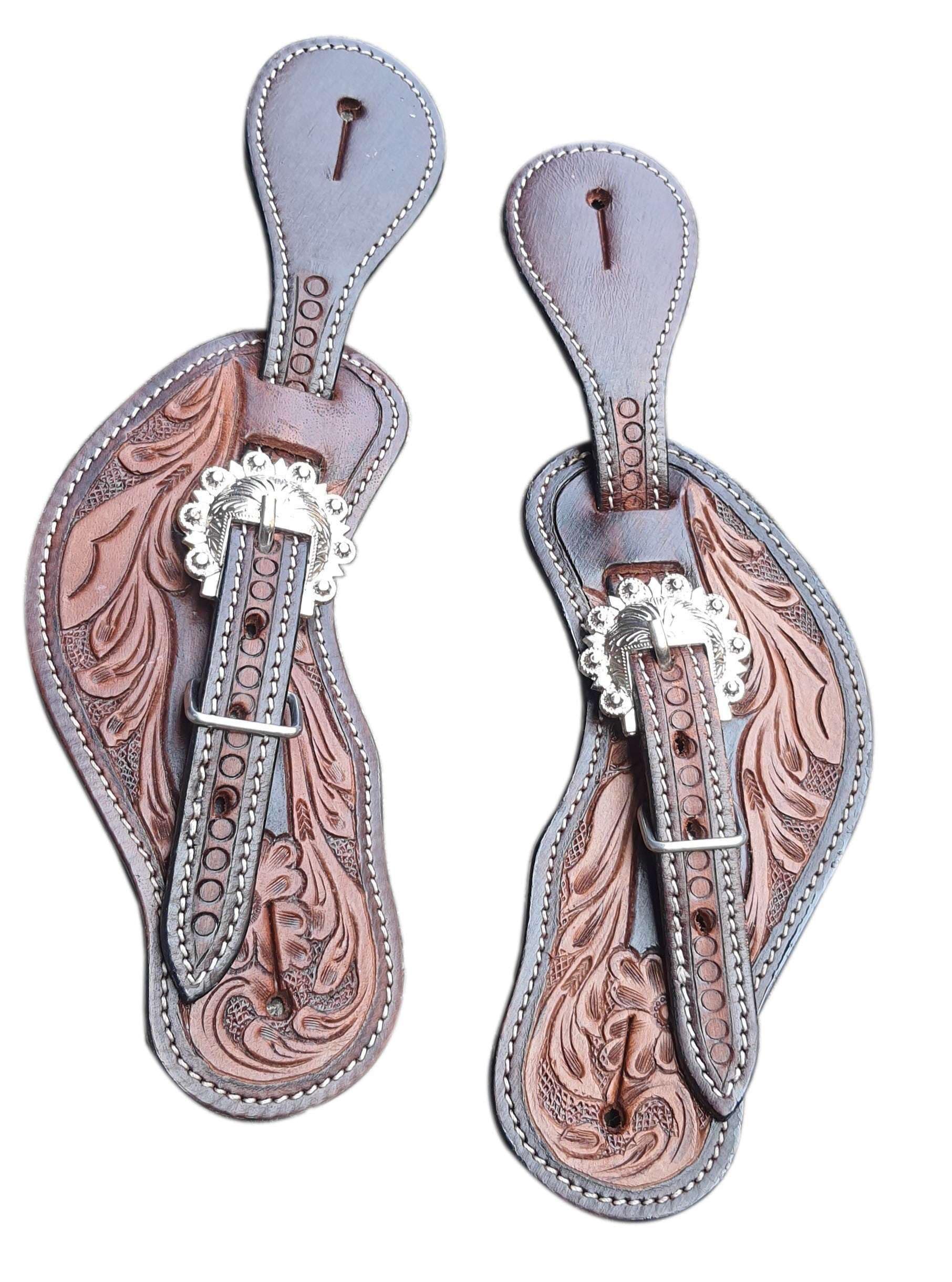 SHOWMEN CRAFT Carving Style Spur Straps Men & Women for Horse Riding, Barrel Racing,Show,and Rodeo - Brown