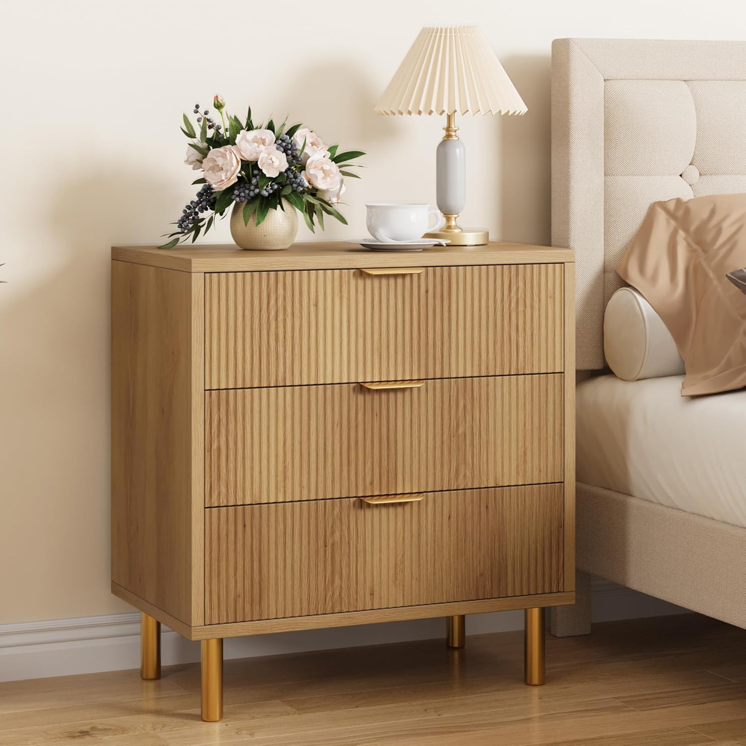 Natural Dresser, Modern 3 Drawer Dresser for Bedroom with Gold Handle and Large Drawer, Wood Double Chest of Drawers and Storage Organizer for Living Room, Hallway, Entryway