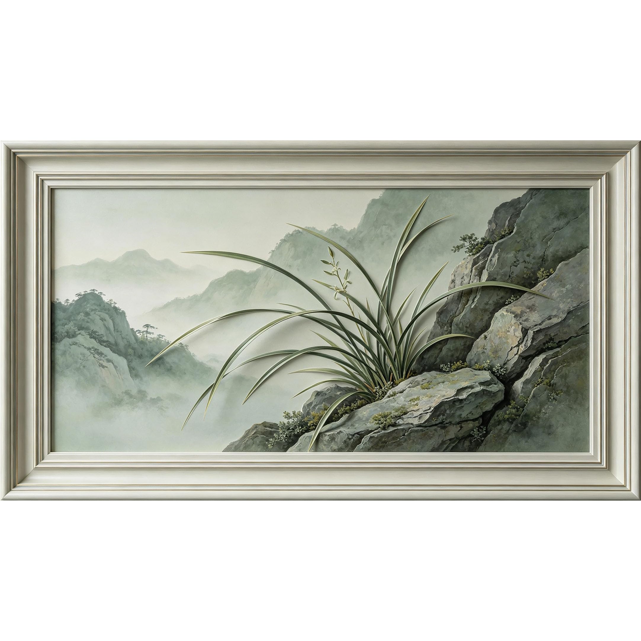 QZLITHOTIC 50x90cm3D Framed Wall Art， Botanical Mountain Green Orchid Landscape Self‑Adhesive Mural， Water‑Activated Peel & Stick Fabric Decor Wall Decal for Bedroom Living Room