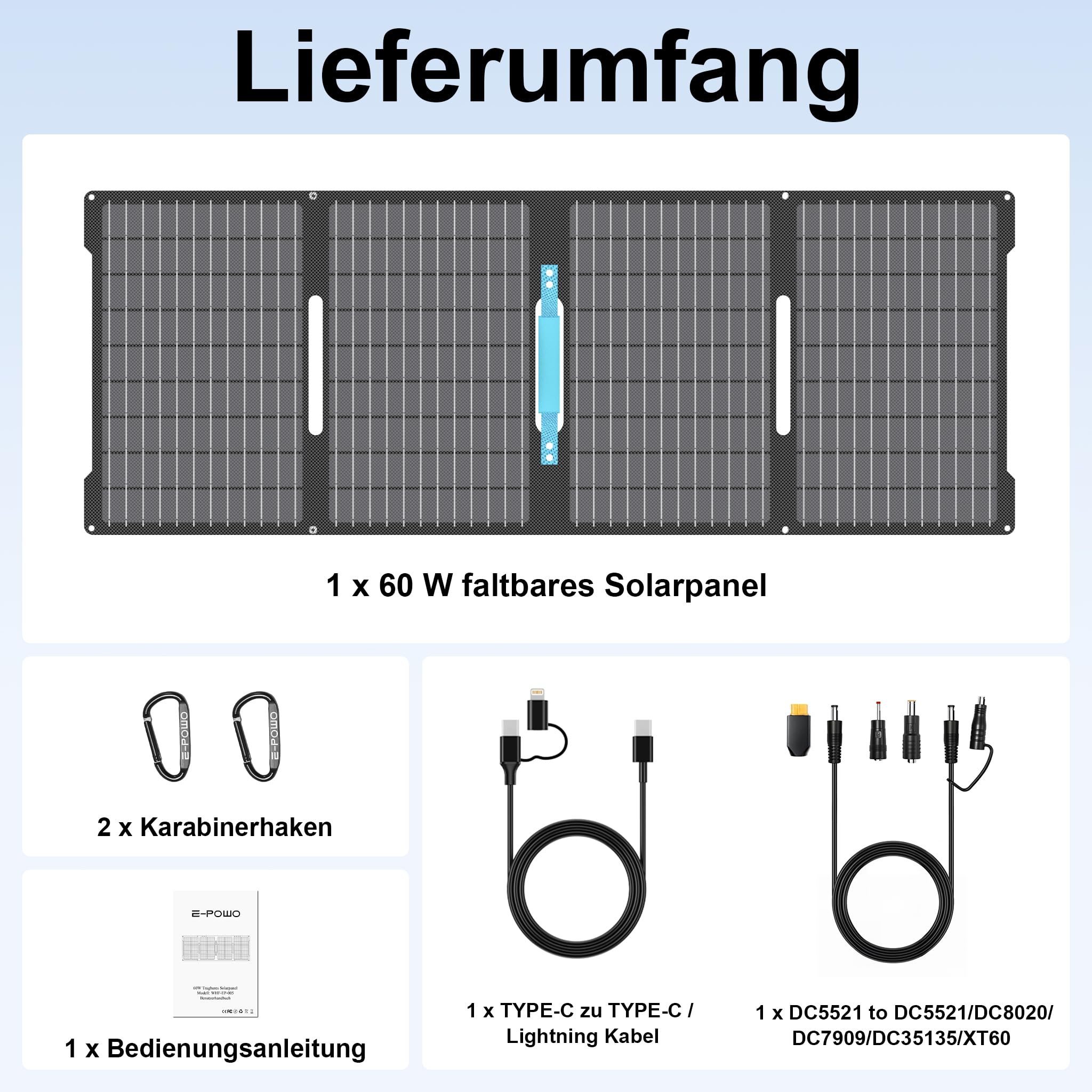 60W Solarpanel, tragbares Solarpanel mit USB-C-, USB-A- und DC-Ausgängen, faltbares ETFE Solarpanel Ladegerät für iPhone, iPad, Powerbank, Camping, Wandern, kleine Generatoren