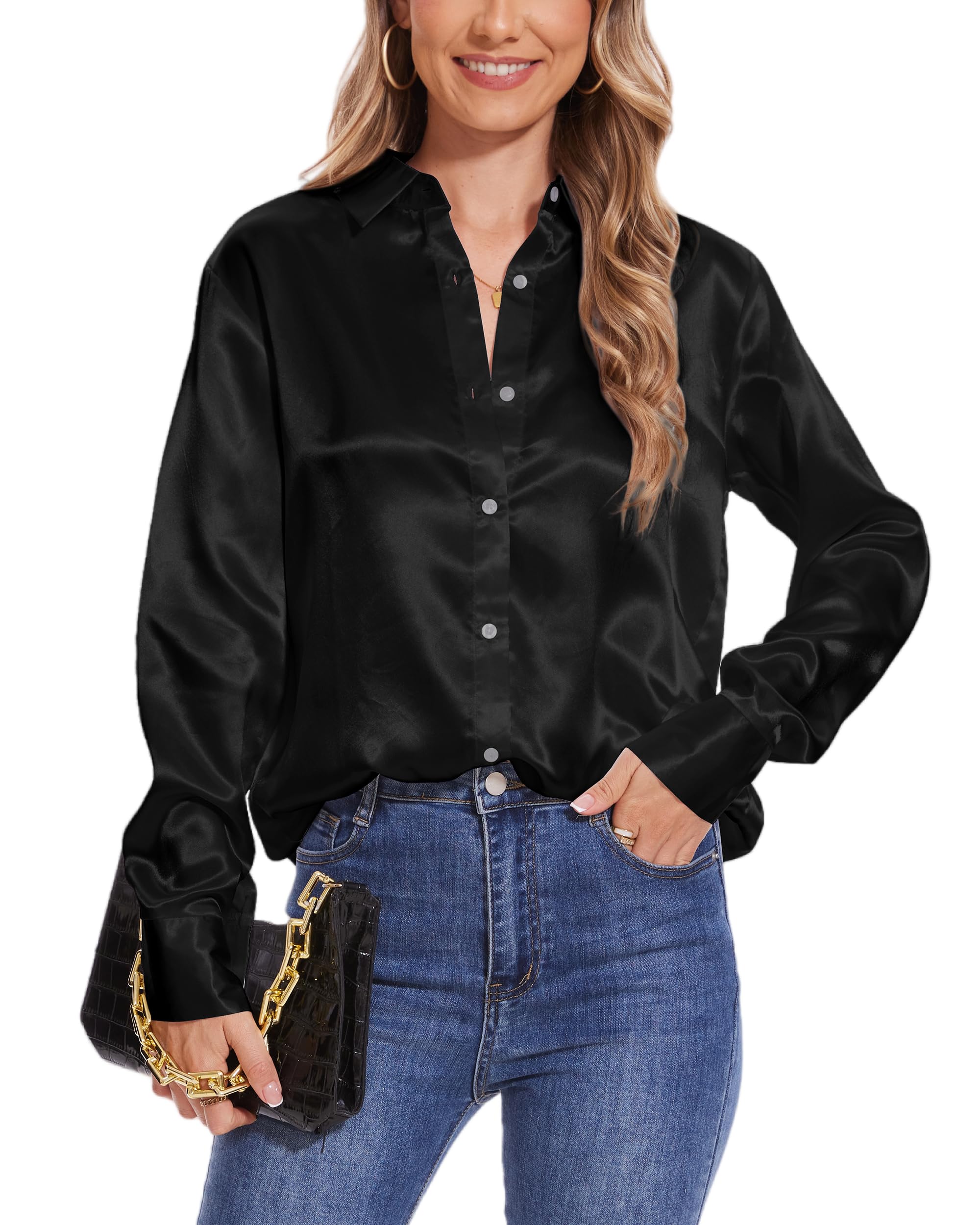 SPRING SEAON Damen Button-Down-Bluse für Frauen Satin-Oberteile Langarmhemd lässiges Seidenhemd für die Arbeit im Büro
