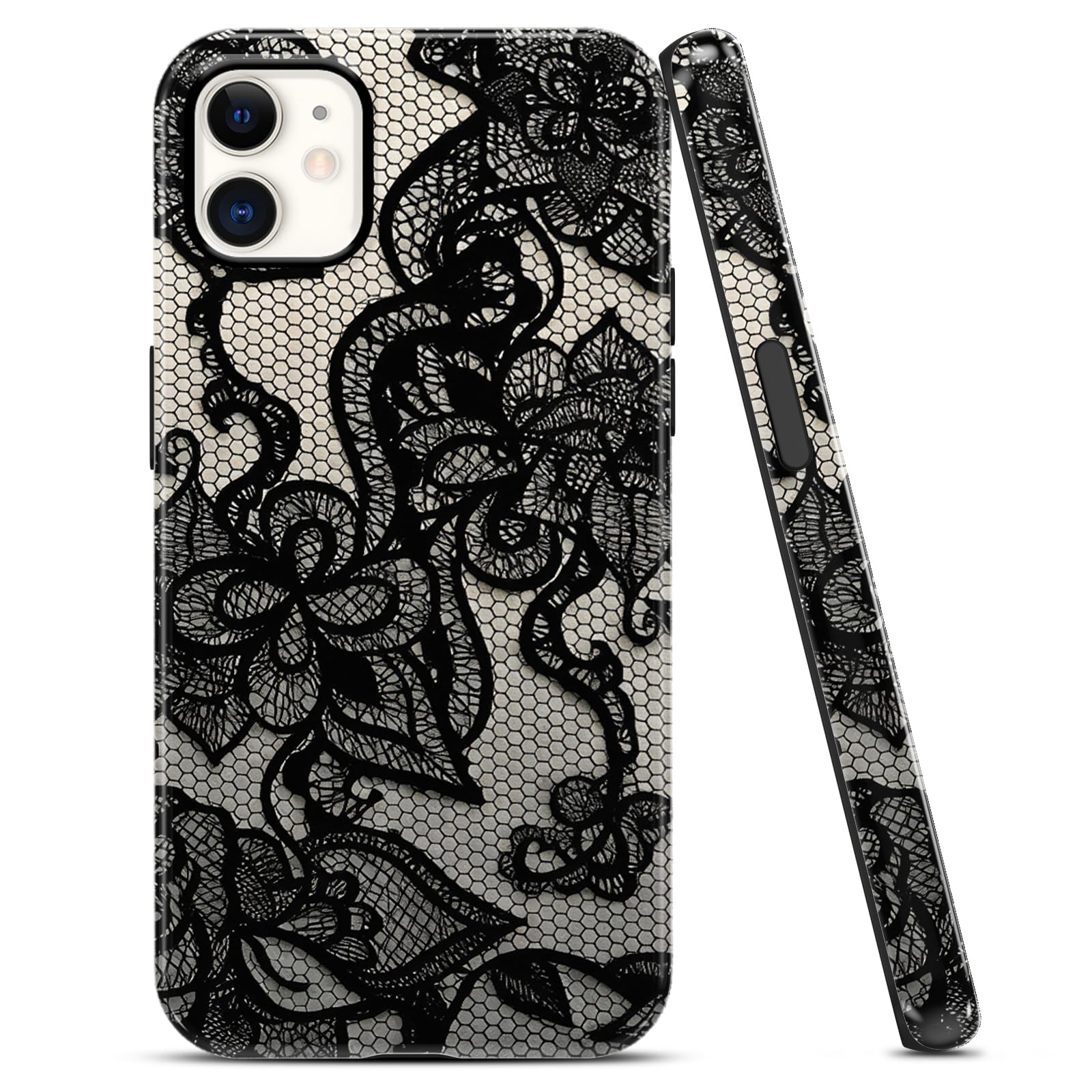 Coque dentelle florale iPhone 12 Pro noire et blanche en polycarbonate rigide antichoc - 8