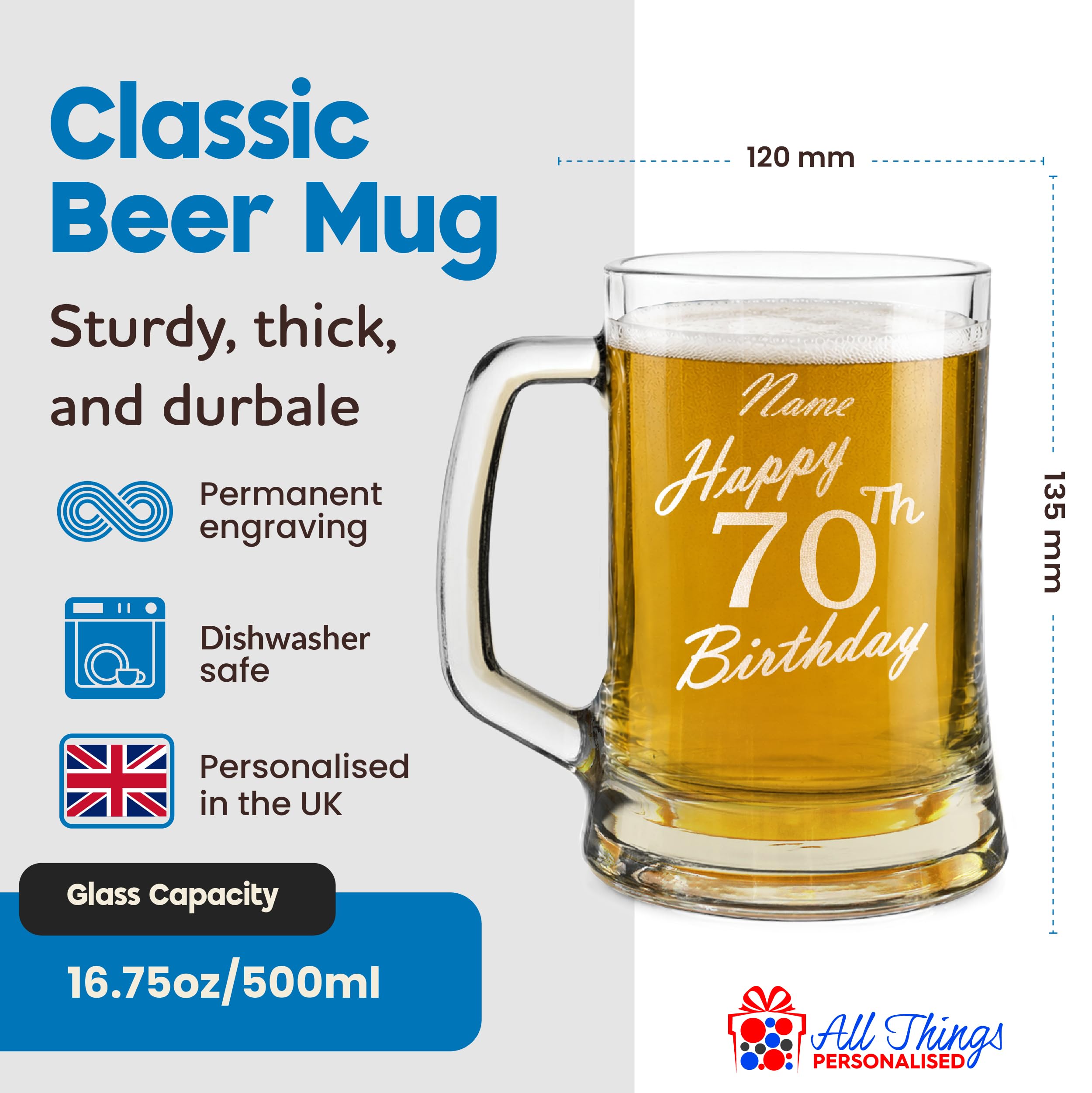 Chope à bière gravée personnalisée avec inscription « Happy 70th Birthday » dans une boîte cadeau