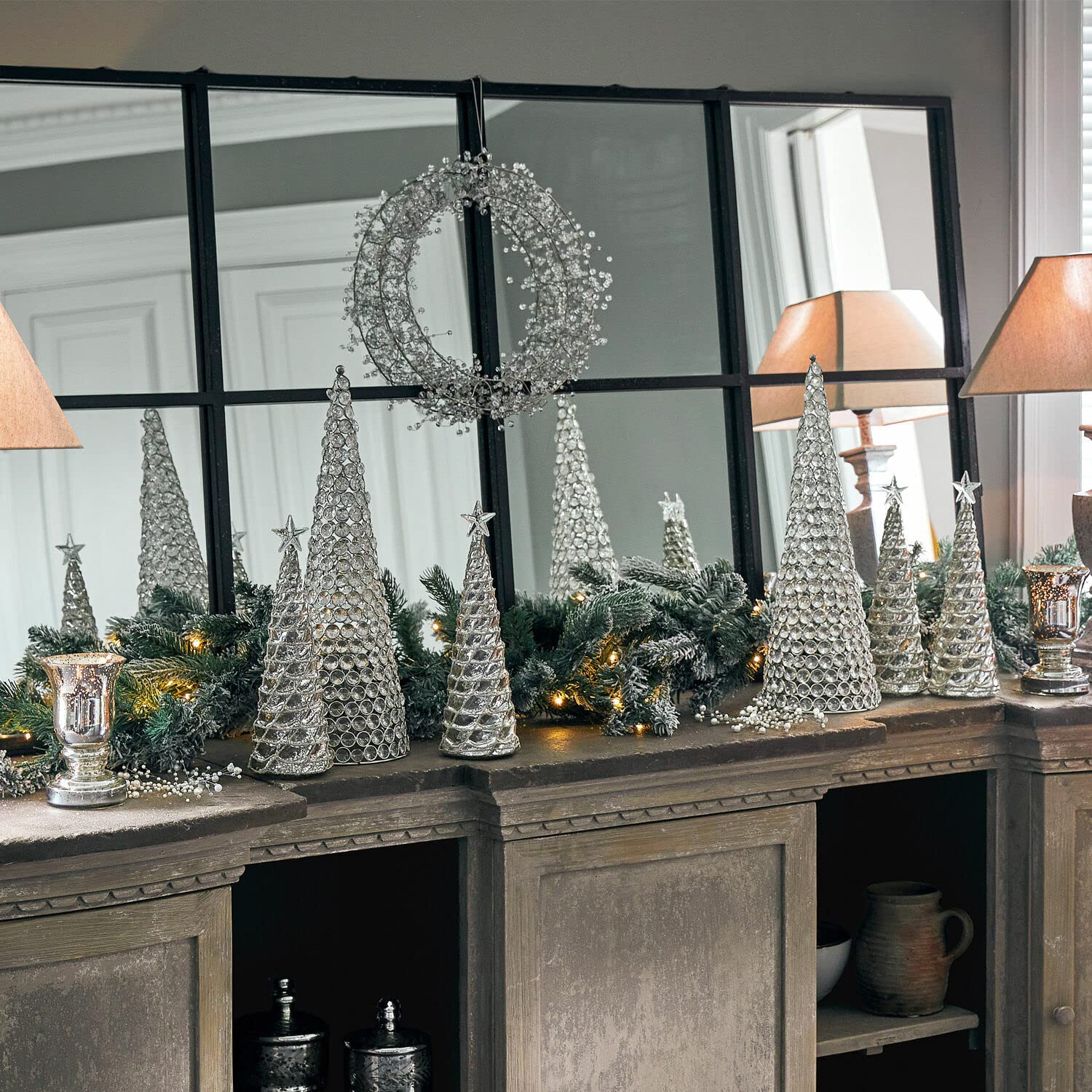 Loberon Deko-Baum 2er Set Glitter, Silber/klar | mit Bauernsilber, inkl. warmweiße LEDs, Wohn-Accessoire,Weihnachtsbeleuchtung, Weihnachtsdekoration, Weihnachten, Glas