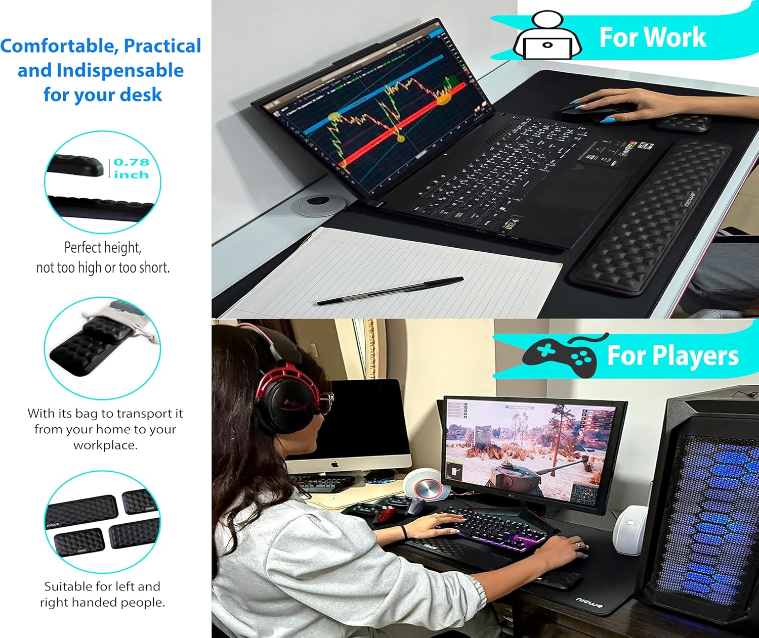 Ergonomic Keyboard Wrist pad Black with Memory Foam - Mouse Wrist Rest for Computer Keyboard, Waterproof, Nonslip. Arm Rest for Keyboard pad Reduce Wrist Fatigue. 2 Piece Pad with Travel Bag.