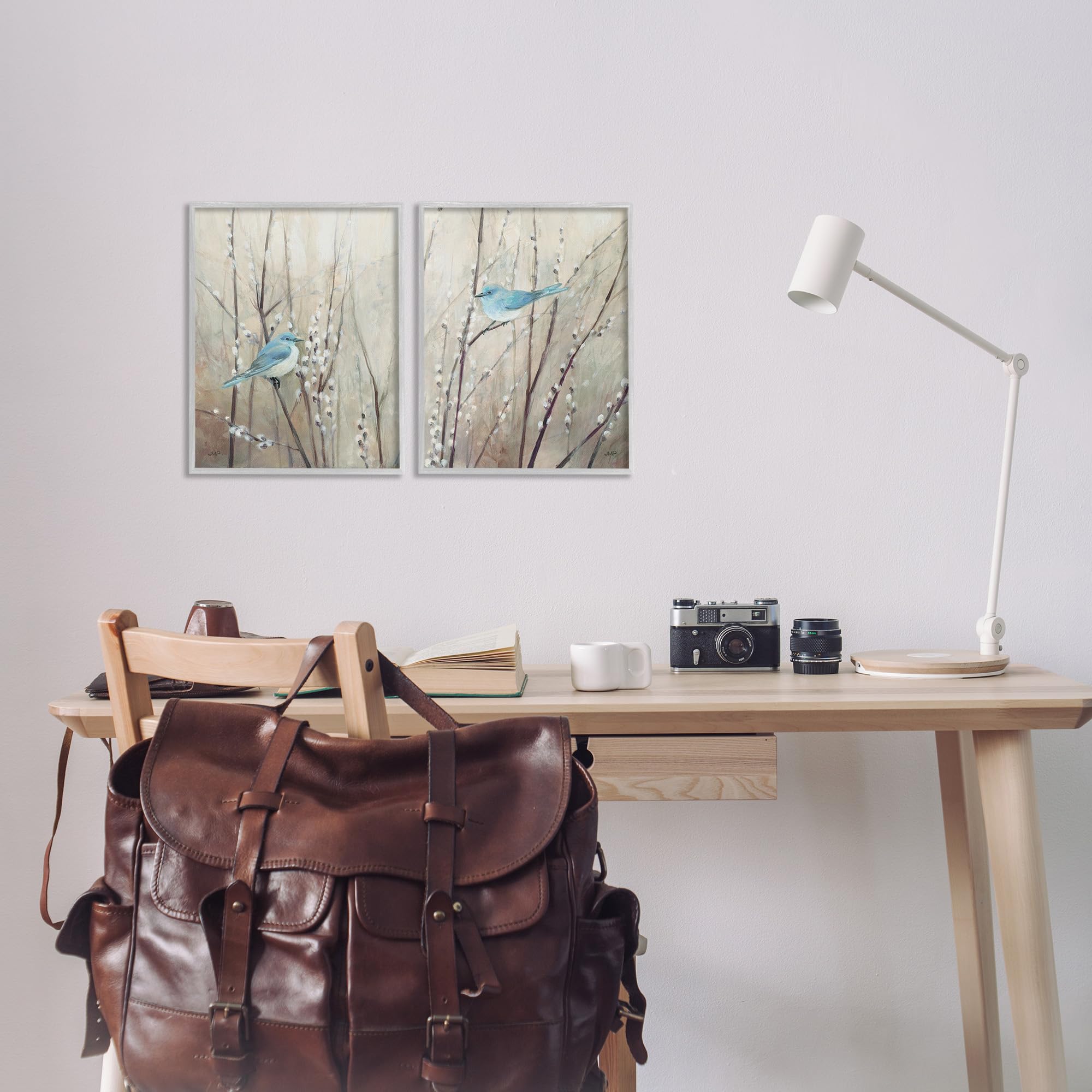 Stupell Industries Peaceful Perched Blue Birds Animal Nature Painting Wall Art, 2pc, Each 11 x 14, Grey Framed