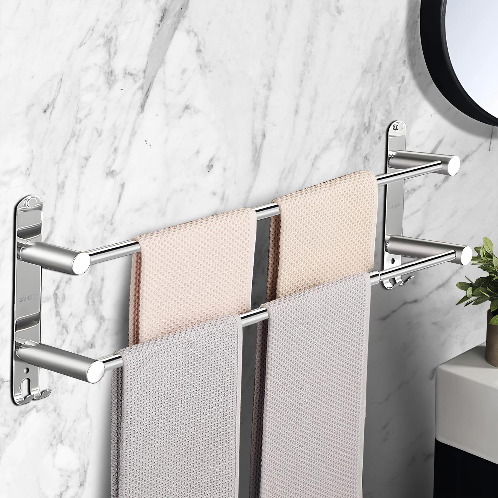 DAGORD Handdoekenrek voor aan de muur, roestvrij staal, glanzend, uittrekbaar, 2 stangen, 43-75 cm, met haken, badhanddoekhouder, wandmontage met boren en lijm, 2 installatiemethoden voor badkamer