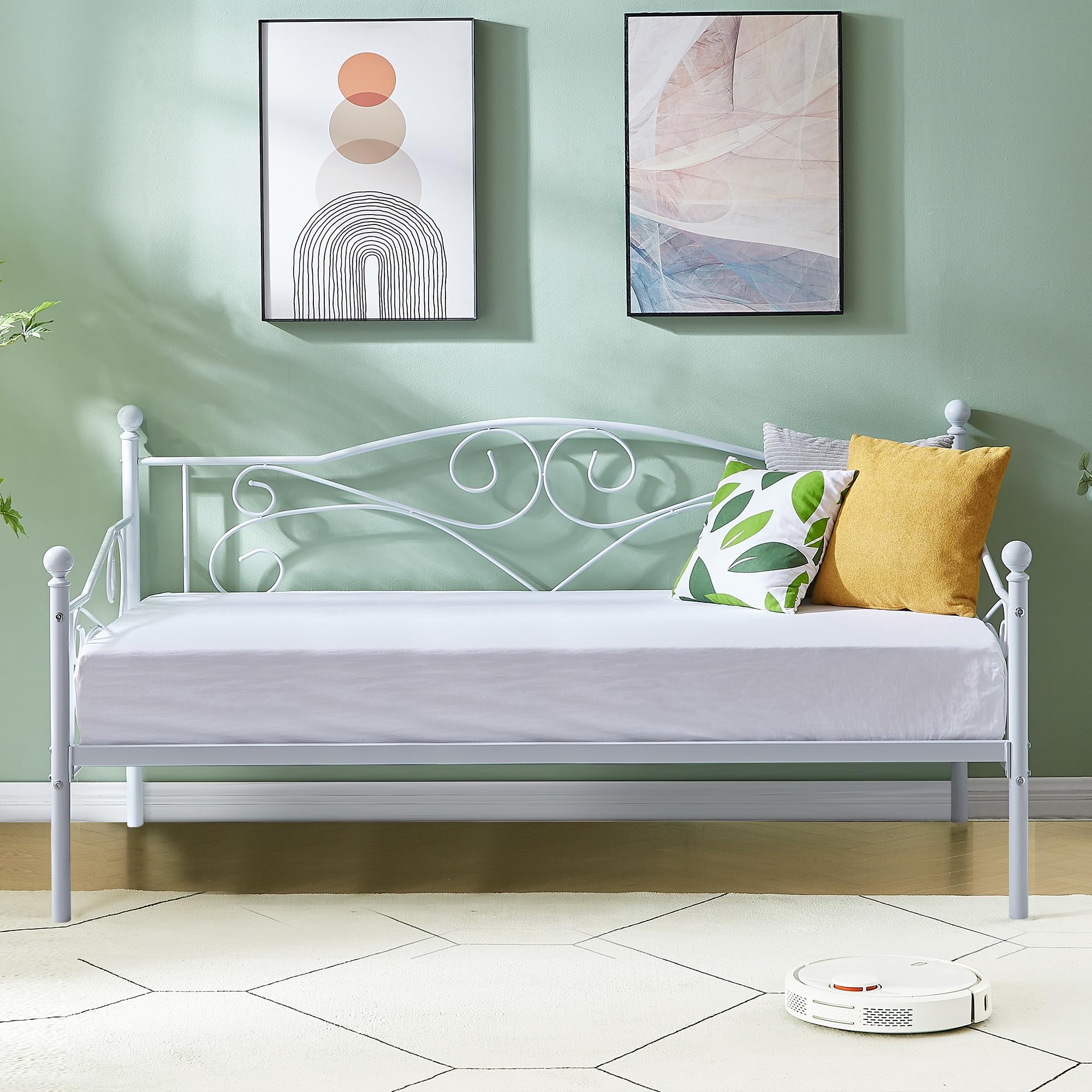 VECELO Daybed Frame, Twin Size Metal Platform Sofa Bed Mattress Foundation with Headboard, Heavy-Duty Steel Slat Support for Bedroom Living/Guest Room