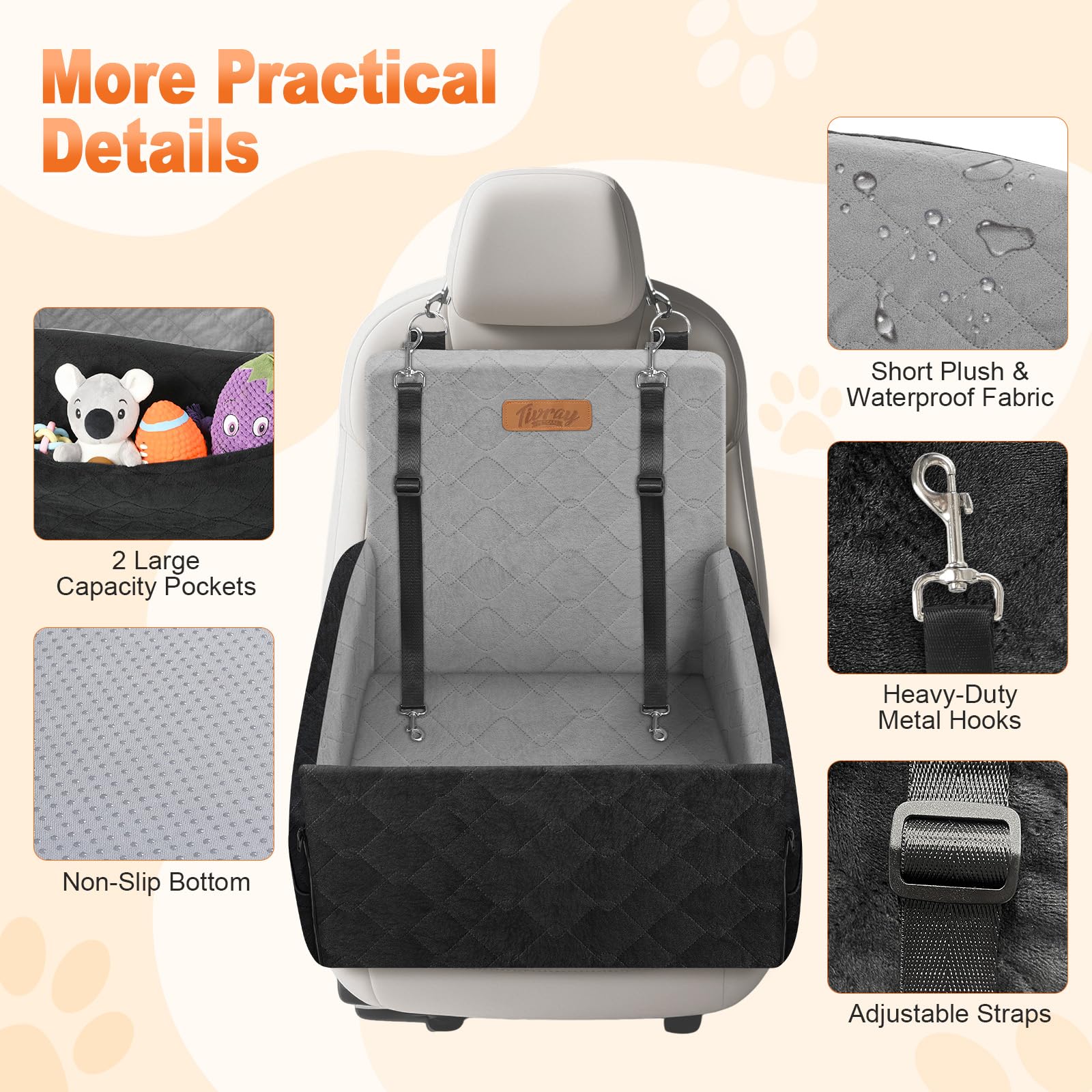 Seggiolino Auto Rialzato per Cani, Sedile Auto per Cani Piccoli e Medi fino a 16kg, Cuscino in Schiuma Lavabile, 3 Cinture di Sicurezza e 2 Tasche Portaoggetti, Nero & Grigio