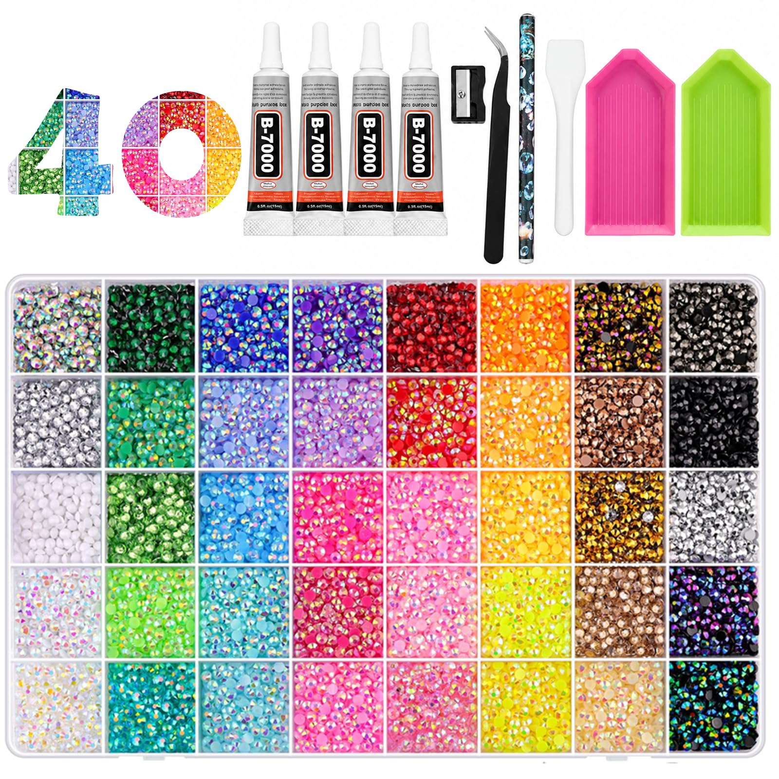 45000Pcs Bedazzling Kit with Rhinestones 3mm, 40 Colors Bedazzler Kit Resin Rhinestones Nail Gems & Glitter Gem Art Supplies, Diamond Art Kits Accessories with Pickup Pen, 4pcs 10ml B7000 Glue