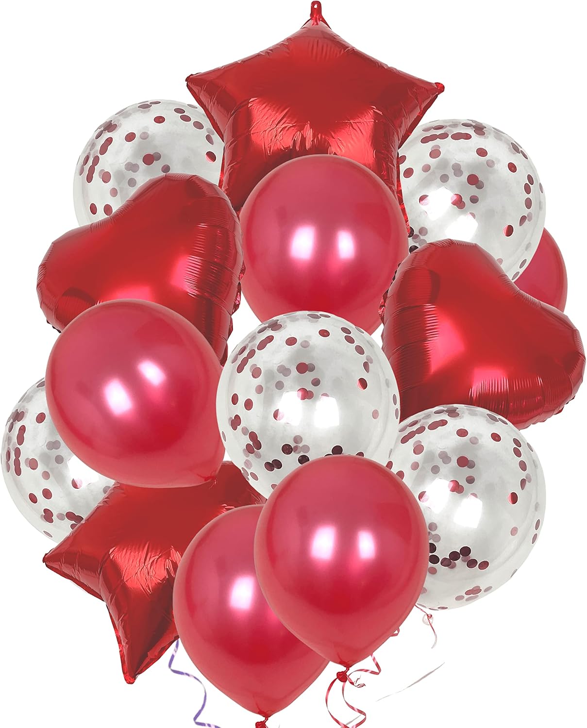 14 Globos de Cumpleaños Rojos, con Estrellas y Corazones de Aluminio de 45cm y Globos con Confeti y Lisos de 30cm, para Decoración de Cumpleaños, Fiestas Infantiles, Bodas, Aniversario, Graduación