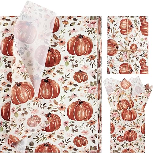 100 hojas de papel de seda de otoño de 20 x 14 pulgadas para bolsas de regalo, papel de envoltura de regalo con estampado floral de calabaza para el