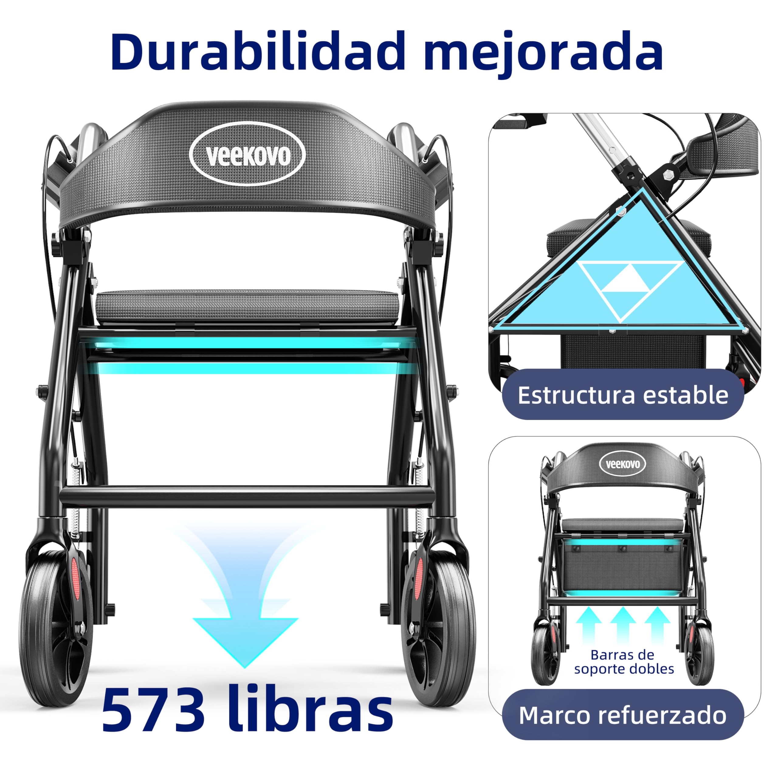 Andador plegable y ligero con asiento, Caminador de ruedas con frenos, Bolso, Ayuda para caminar plegable, Ruedas de goma grandes de 20 cm para todo el terreno. (DW4)