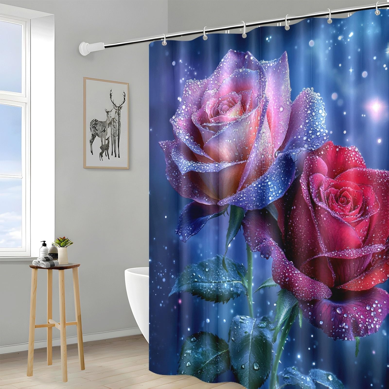 Tenda Doccia Fiore Blu Rosa Tenda Doccia Antimuffa Impermeabile Poliestere Lavabile con 12 Ganci Facile da Installare Tende Finestra Bagno per Dormitorio Hotel(180x220cm)