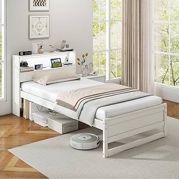ベッドフレーム Single bed with Hard mattress Amazon.com: Giantex Twin Bed Frames with Storage Headboard