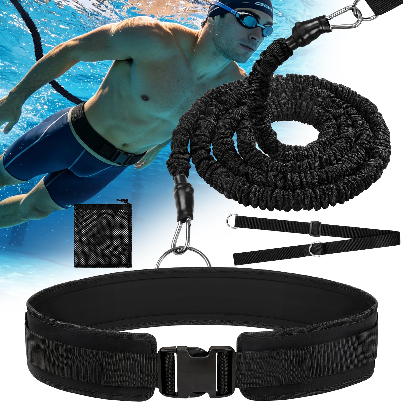 Elastico Nuoto Statico Piscina (2,5-7,5M) | Cintura Nuoto per Adulti e Bambini | Elastico per Nuoto Controcorrente in Lattice Naturale con Cintura Larga Imbottita | Aiuto Allenamento
