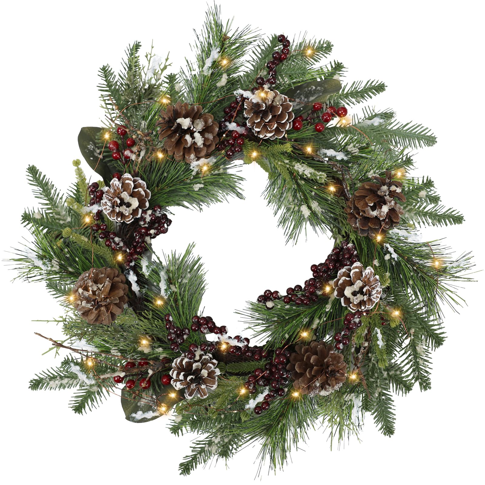 22 Inch Christmas Wreaths for Front Door - Artificial Christmas Wreath with Lights, Pine Cones Berry Winter Wreath for Home Indoor Front Porch Entrance Decorations