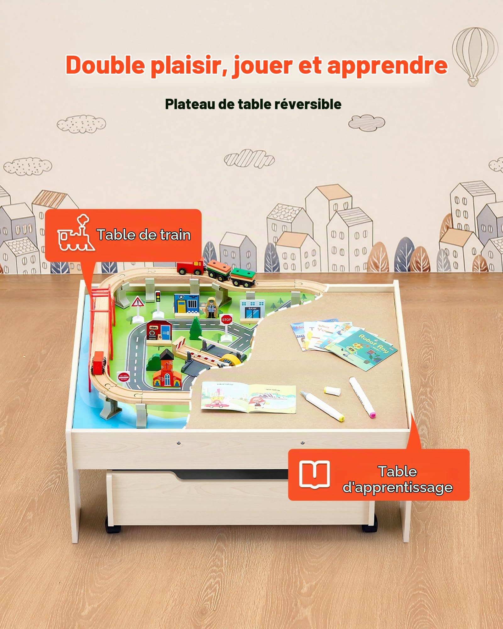 VEVOR Table Circuit Train Bois, 100 PCS, avec Rail de Train, Tiroir Rangement Roulant, Table Activités 3 en 1 Double Face pour Jouer, Dessiner, Lire, Manger, Jouets Créatifs pour Enfants 3 Ans et Plus