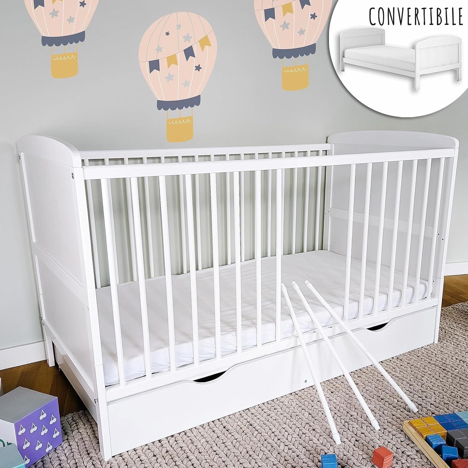 Kids Collective Lettino per bambini 70x140 Lettino trasformabile con sponde regolabili in altezza e barre rimovibili | bianco Legno massello di pino Made in Europe | dalla nascita fino ai 6 anni