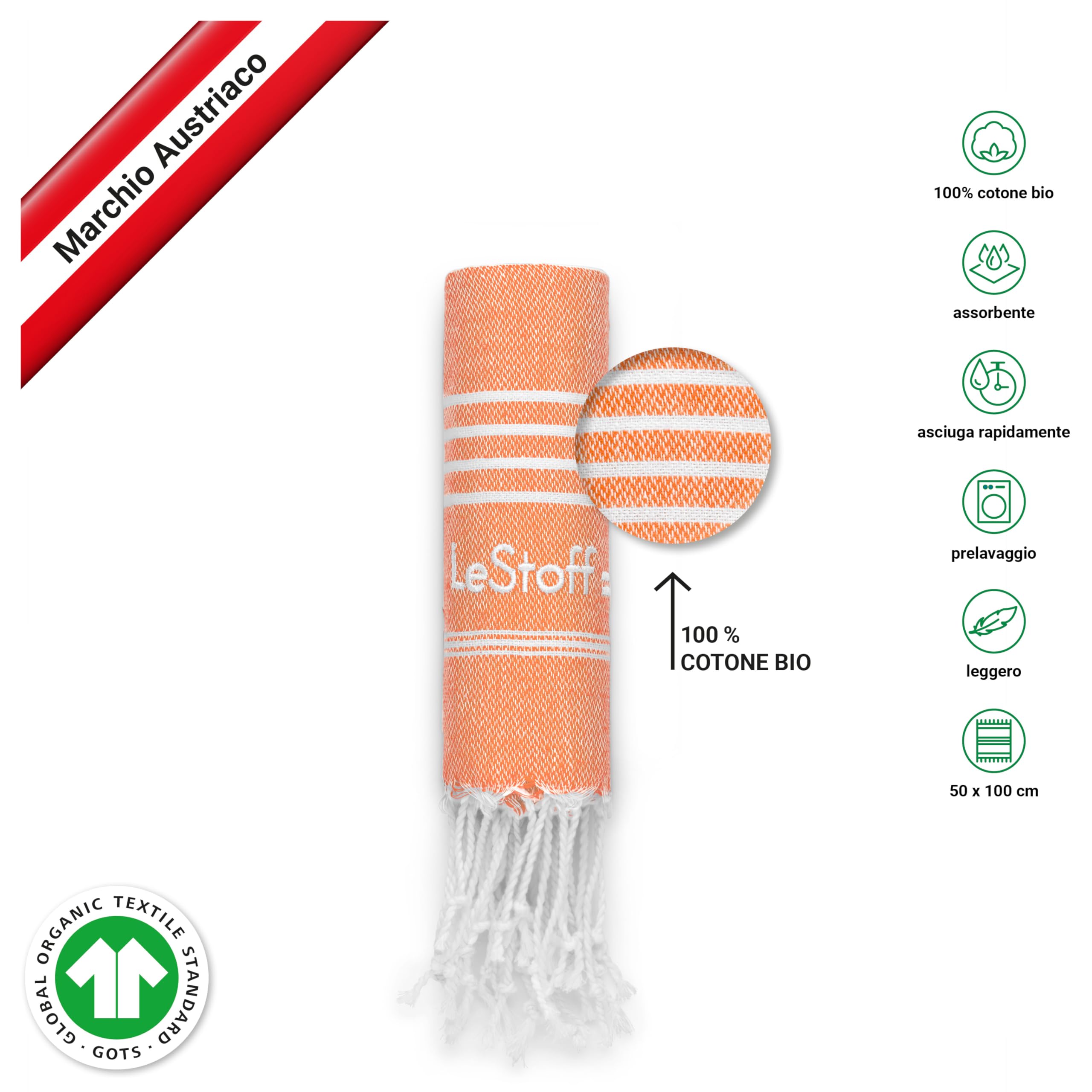 LeStoff Telo mare - 100% Cotone bio, 50 x 100 cm, Prelavato, Assorbente, Asciugatura Rapida, Leggero, Fouta, Telo Ospite, Telo Doccia, Telo Yoga, Telo Benessere, Asciugamano Sportivo (Orange)