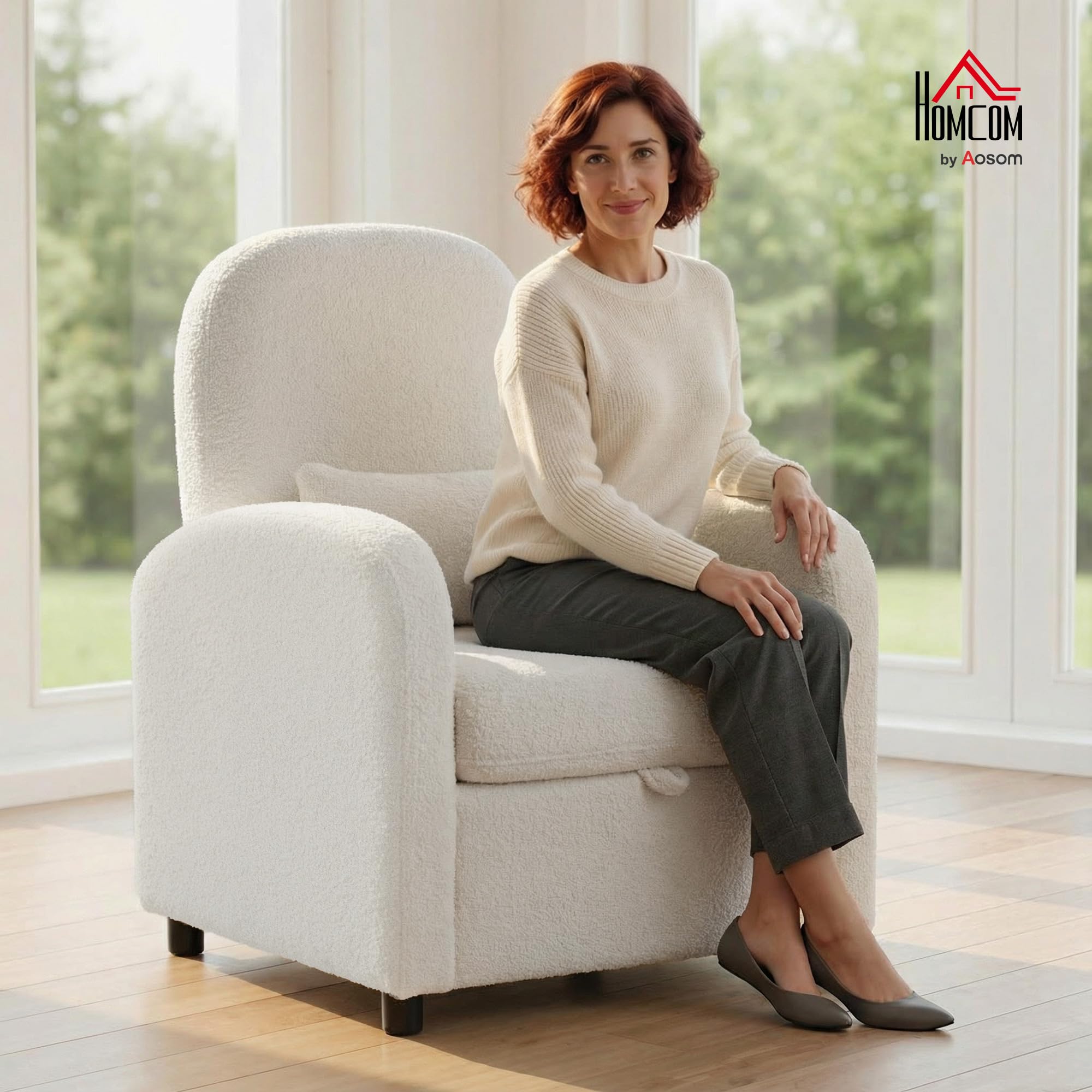 HOMCOM Poltrona Salotto Imbottita con Contenitore Nascosto, Schienale Alto, Poltroncina Moderna con Braccioli, Cuscino Lombare e Seduta Ampia, in Velluto Teddy, per Camera da Letto e Soggiorno, Crema